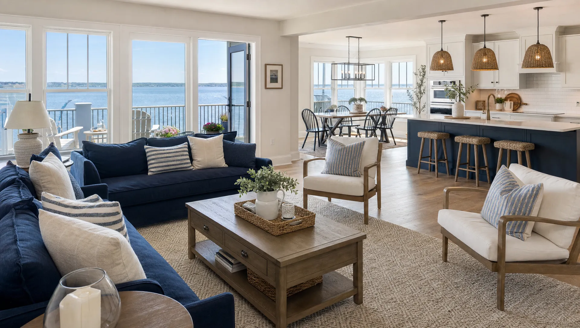 A bright coastal living room opens to the water through wide windows, with a balcony and open kitchen in view.