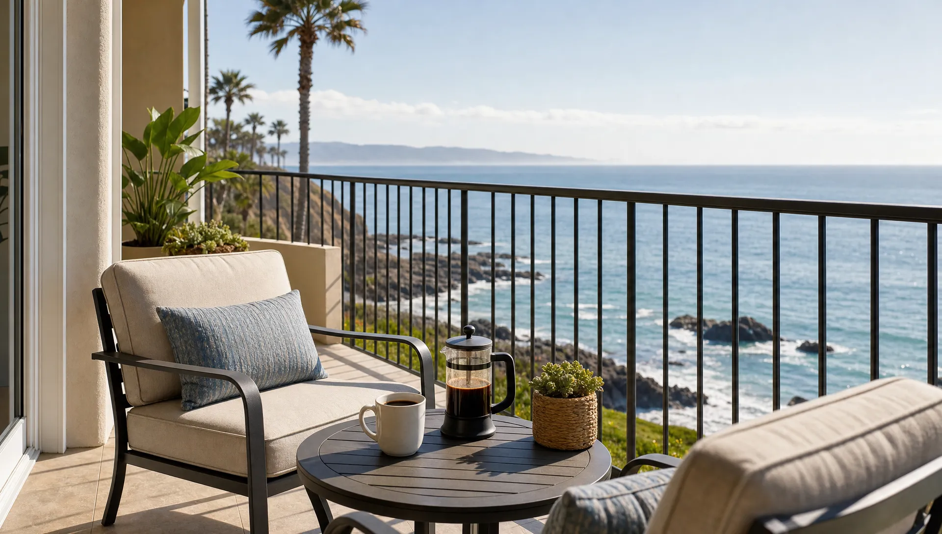 A private coastal balcony has comfortable seating, morning coffee, and an ocean view beyond the railing.