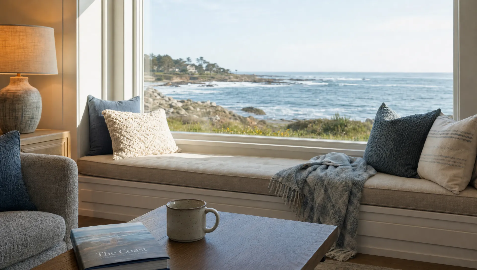A window seat in a coastal rental looks out to the ocean with coffee, a book, and a relaxed sitting area.