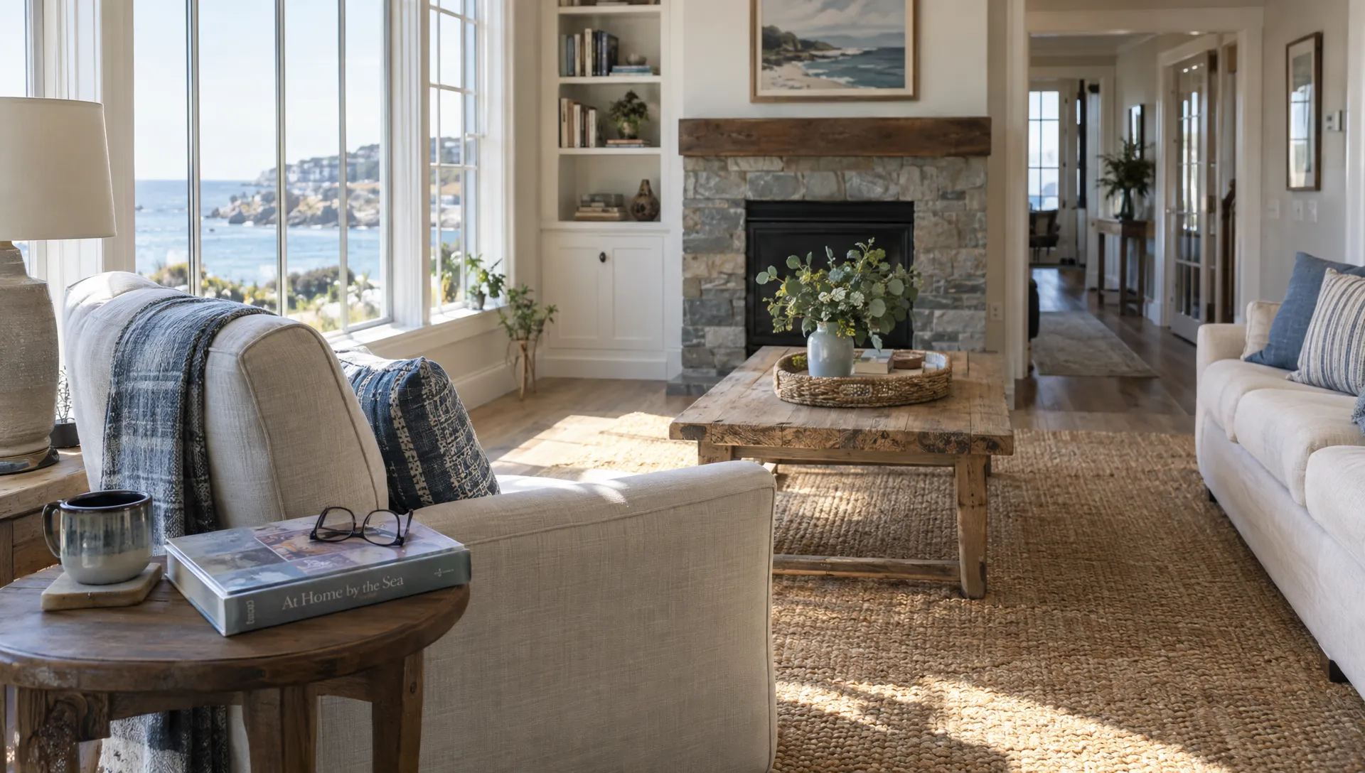 A reading chair, sofa, and open book fill a coastal rental living room overlooking the ocean.