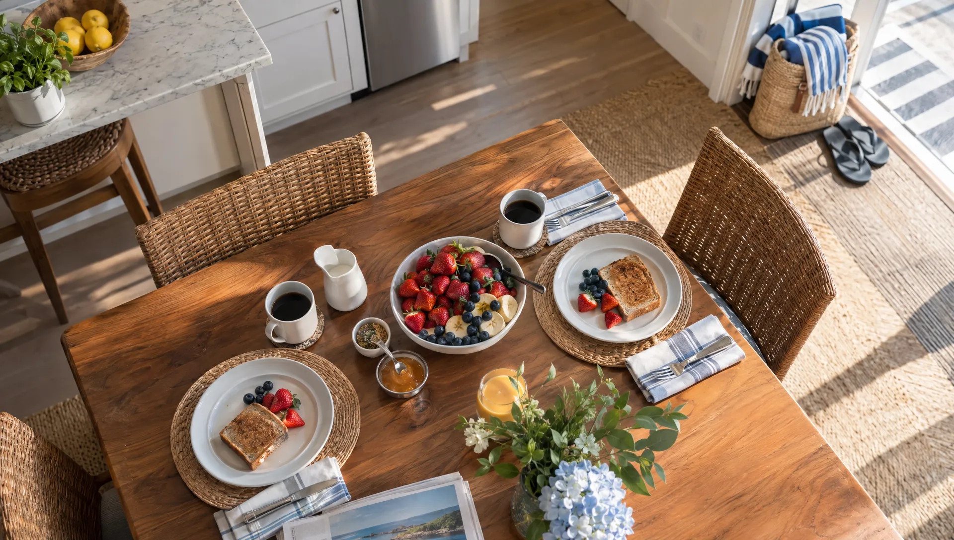 A simple breakfast of fruit, toast, and coffee is ready on the table in a private coastal vacation home.