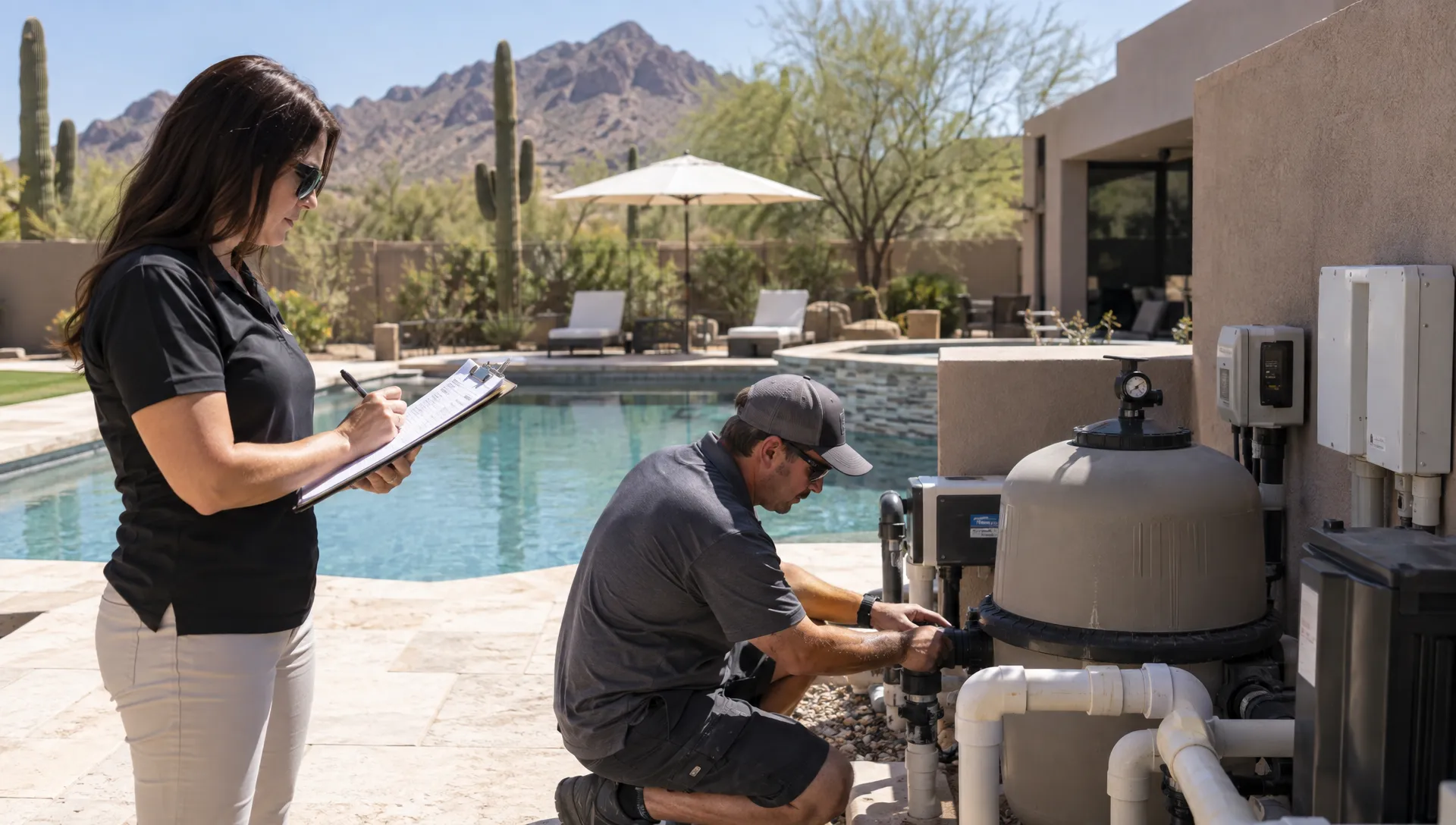 A property manager notes follow-up items as a technician inspects pool equipment at a private Scottsdale rental.