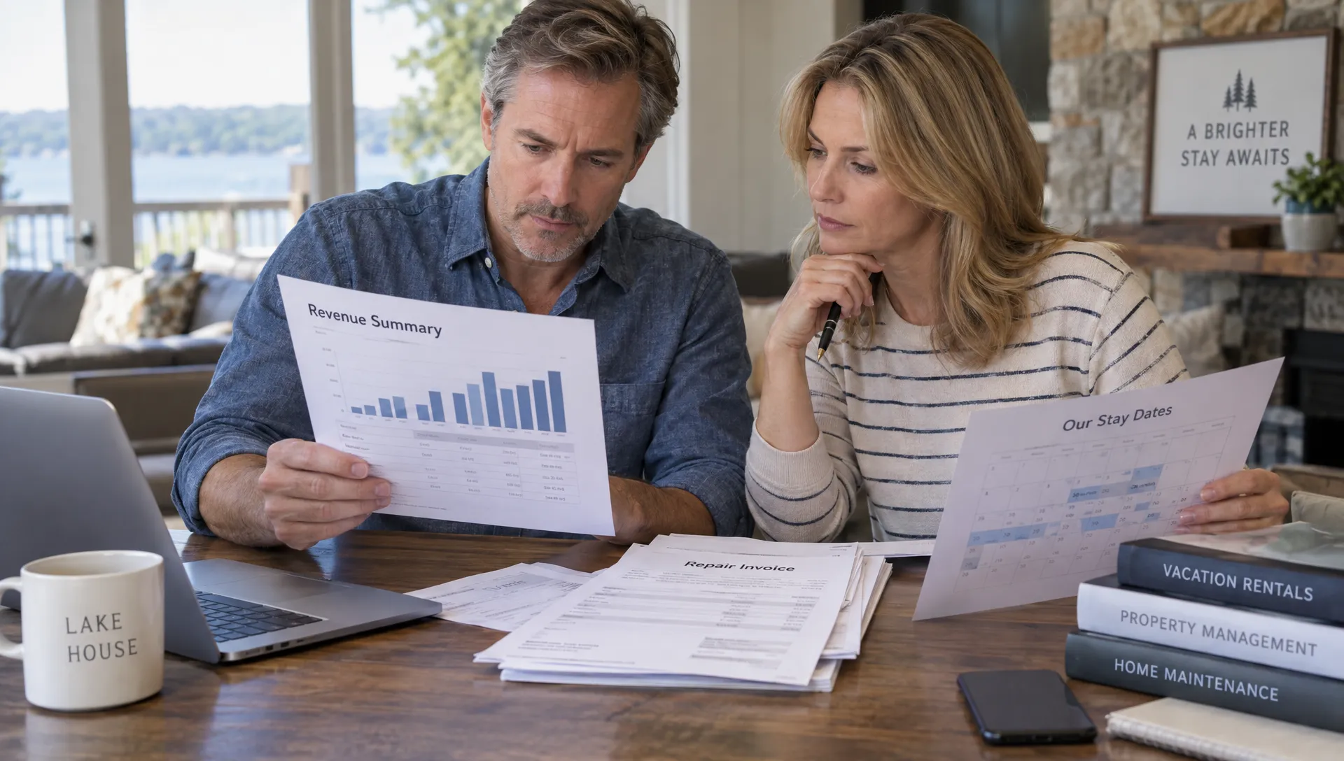 A vacation-home owner compares a revenue summary, repair invoices, and personal-use dates during a scheduled review.