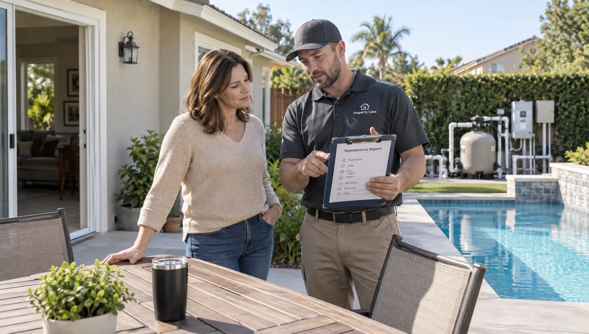 A vacation-home owner and property manager discuss a maintenance report beside the pool, reviewing how the rental will be cared for.