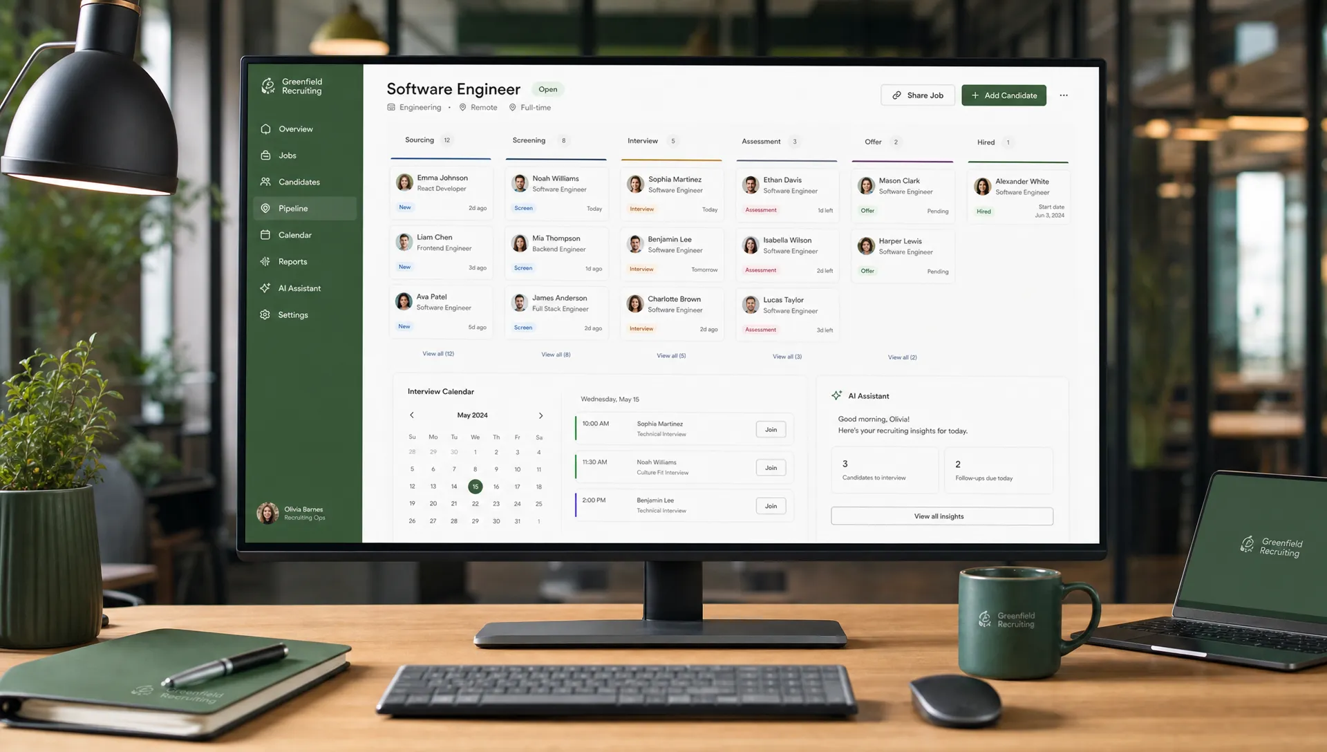 A professional recruiting operations workspace with a clean hiring workflow board, candidate profile cards, calendar scheduling elements, and AI assistant indicators arranged on a desk in a modern office, with no cluttered or unreadable text.