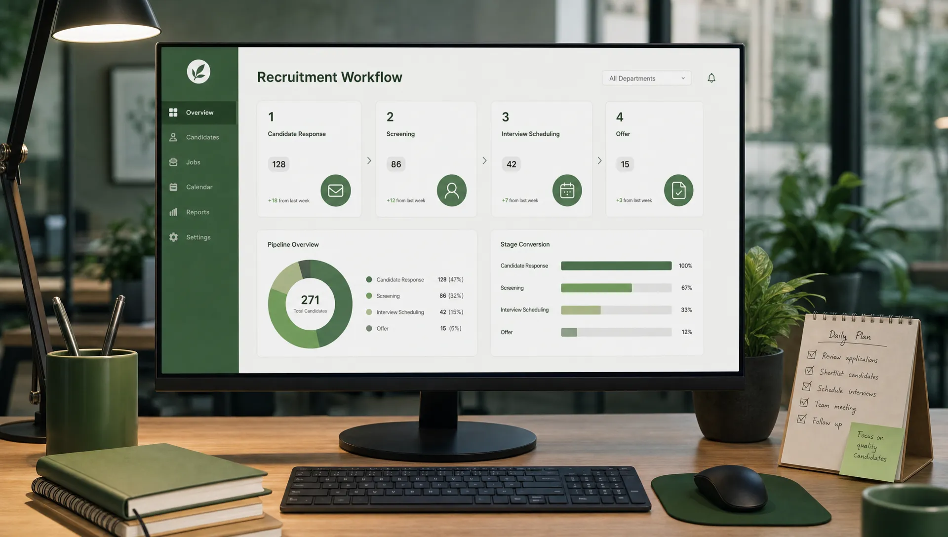 A recruitment workflow dashboard showing candidate response, screening, interview scheduling, and offer stages with clear status indicators and no visible personal data, presented on a clean office screen with organized notes beside it.