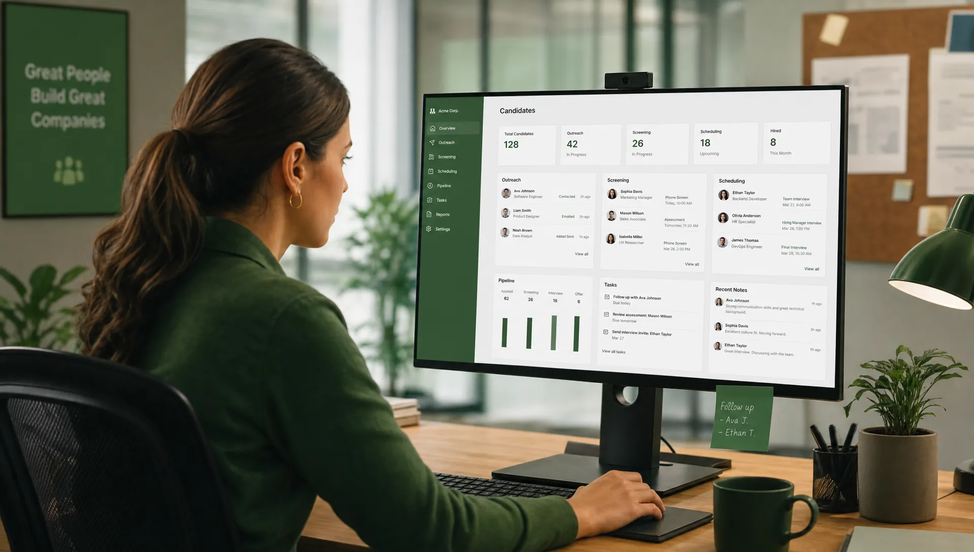 A recruiter follows candidate updates across outreach, screening, scheduling, pipeline notes, and follow-up steps in a structured office workflow.