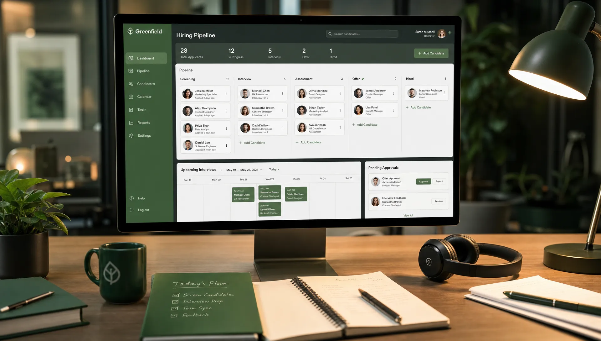 A close-up recruiter desk with a desktop monitor facing the viewer, showing a structured hiring pipeline, candidate profile cards, interview calendar blocks, and approval prompts, with a notebook and headset beside it to suggest hands-on review.