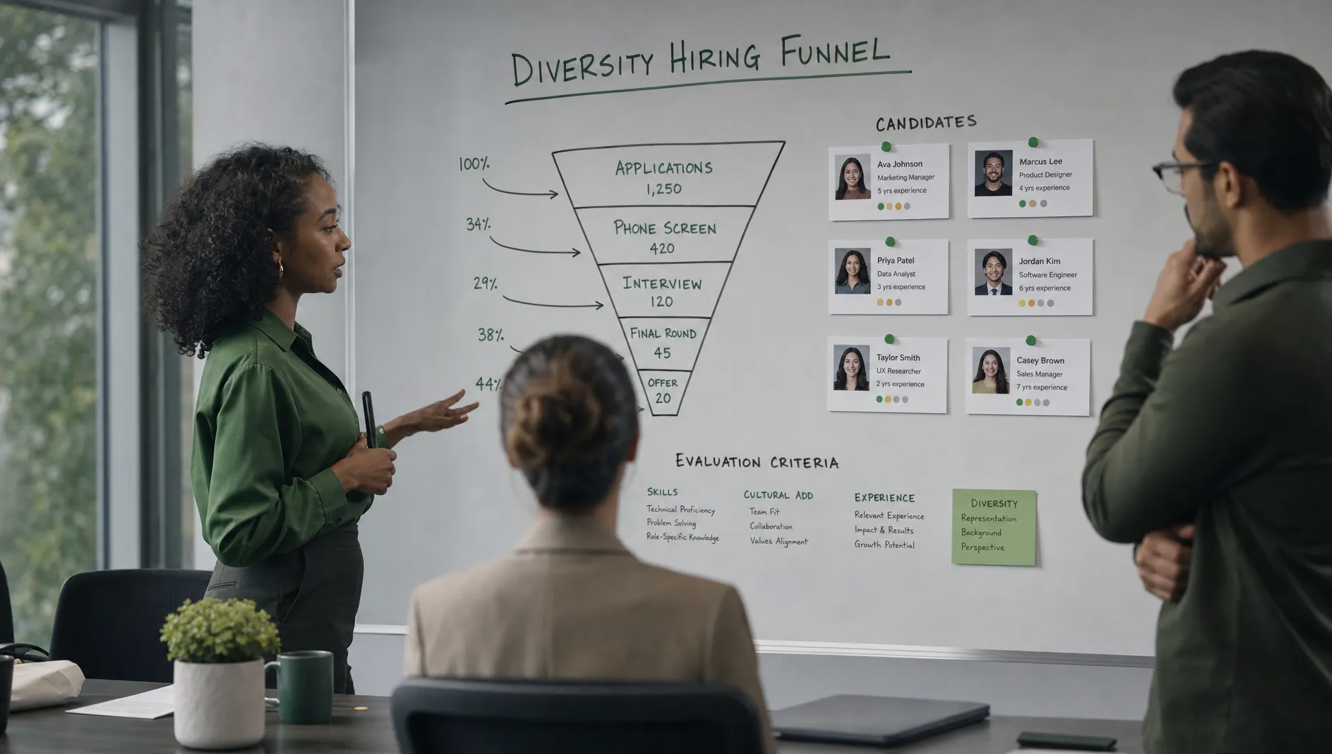 A recruitment team reviews a diversity hiring funnel on a whiteboard with candidate cards and clear evaluation criteria.