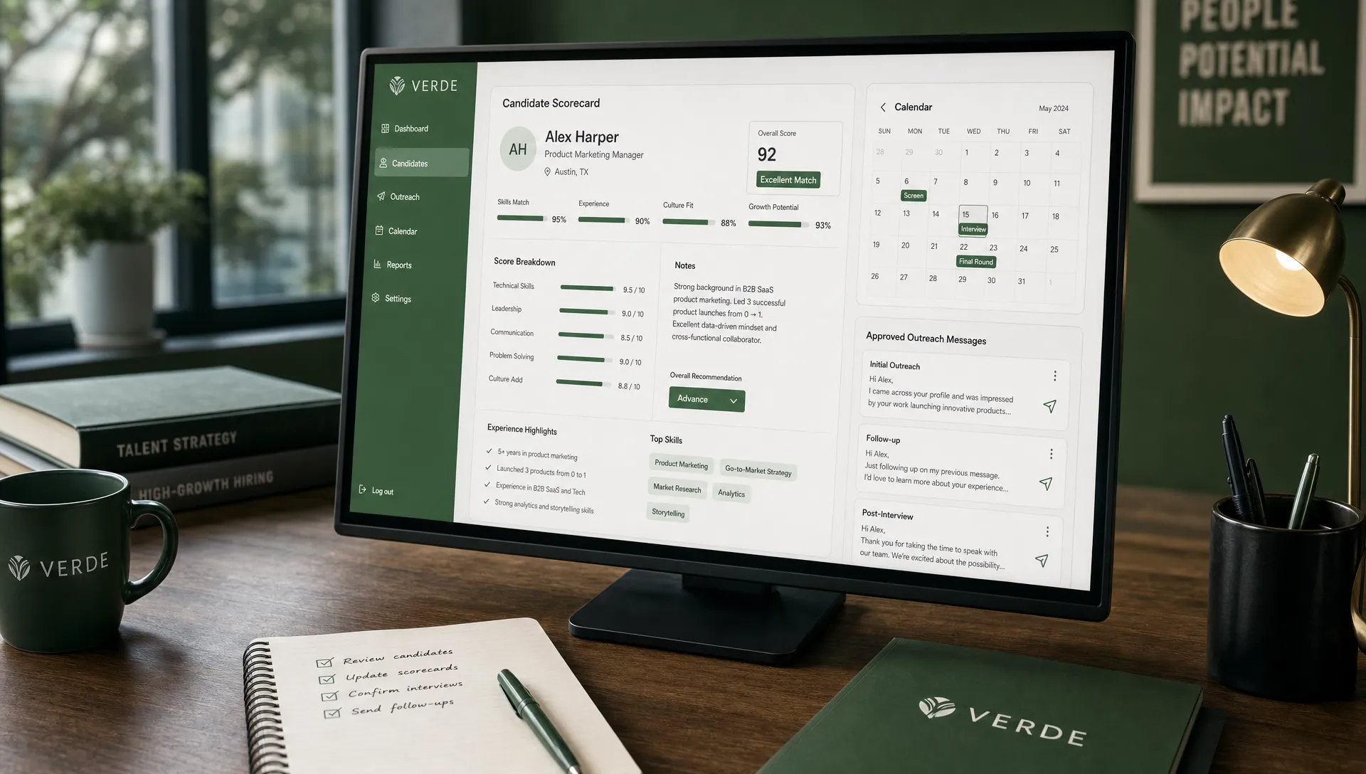 A professional recruitment operations workspace with a structured candidate scorecard, calendar blocks, and approved outreach messages shown as organized panels on a desk.