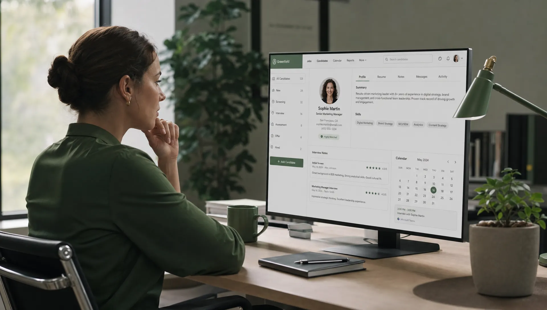 A professional recruitment workflow scene showing a recruiter reviewing structured candidate profiles, interview notes, and calendar availability in a clean modern workspace.