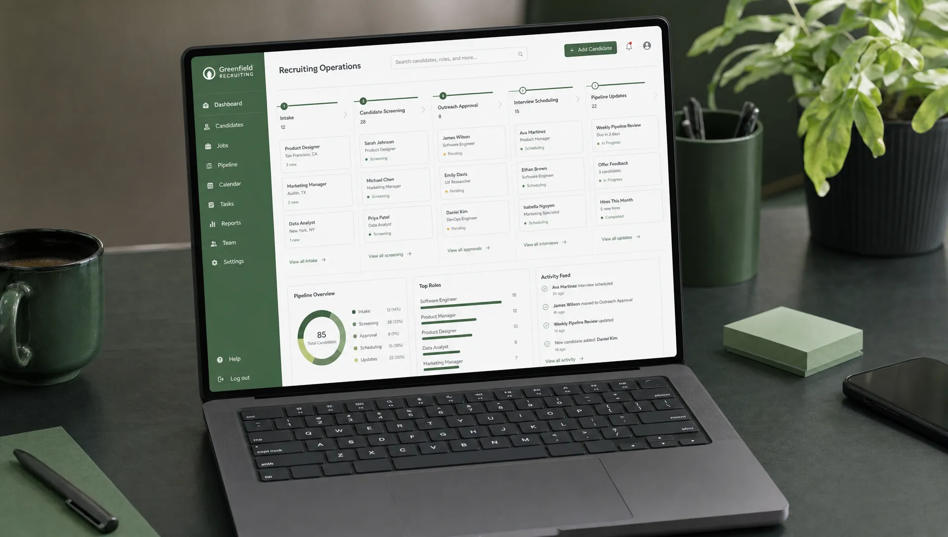 A recruiting operations workspace with connected stages for intake, candidate screening, outreach approval, interview scheduling, and pipeline updates on a clean dashboard, shown from a slightly angled overhead view.