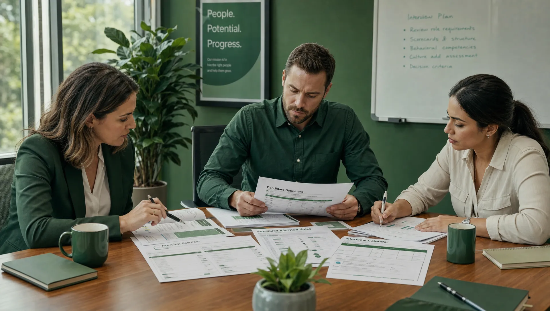 A professional HR team reviewing printed candidate scorecards, structured interview notes, and calendar cards spread across a meeting table in a bright office, with a clear focus on the documents and no visible screens.