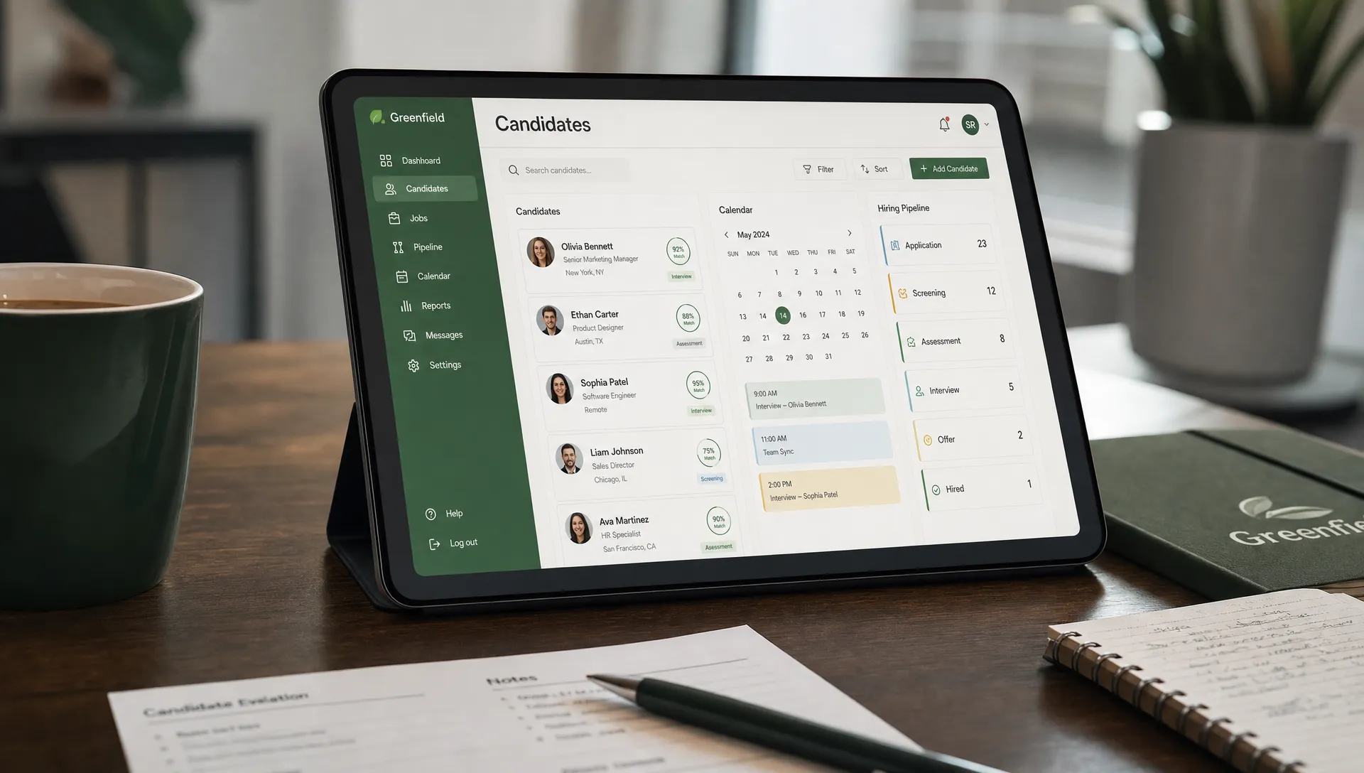 A close-up of a tablet facing the viewer on a recruiter’s desk, showing organized candidate profile cards, calendar blocks, and hiring pipeline columns with a coffee cup, pen, and printed notes nearby.
