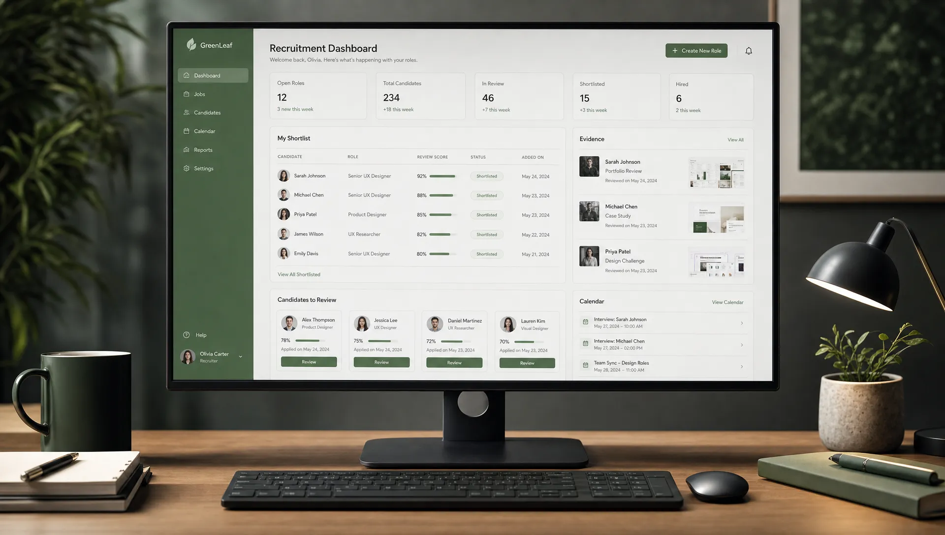 A forward-facing recruitment dashboard shown clearly on a desktop monitor, with a shortlist table, evidence snippets, candidate profiles, and calendar status.
