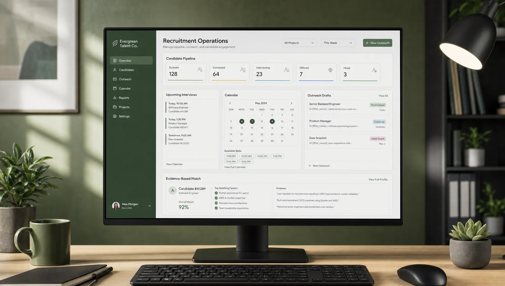 A recruitment operations dashboard on a desktop monitor facing the viewer, showing anonymized candidate status cards, calendar slots, outreach drafts, and evidence-based match notes in a clean professional office setting.
