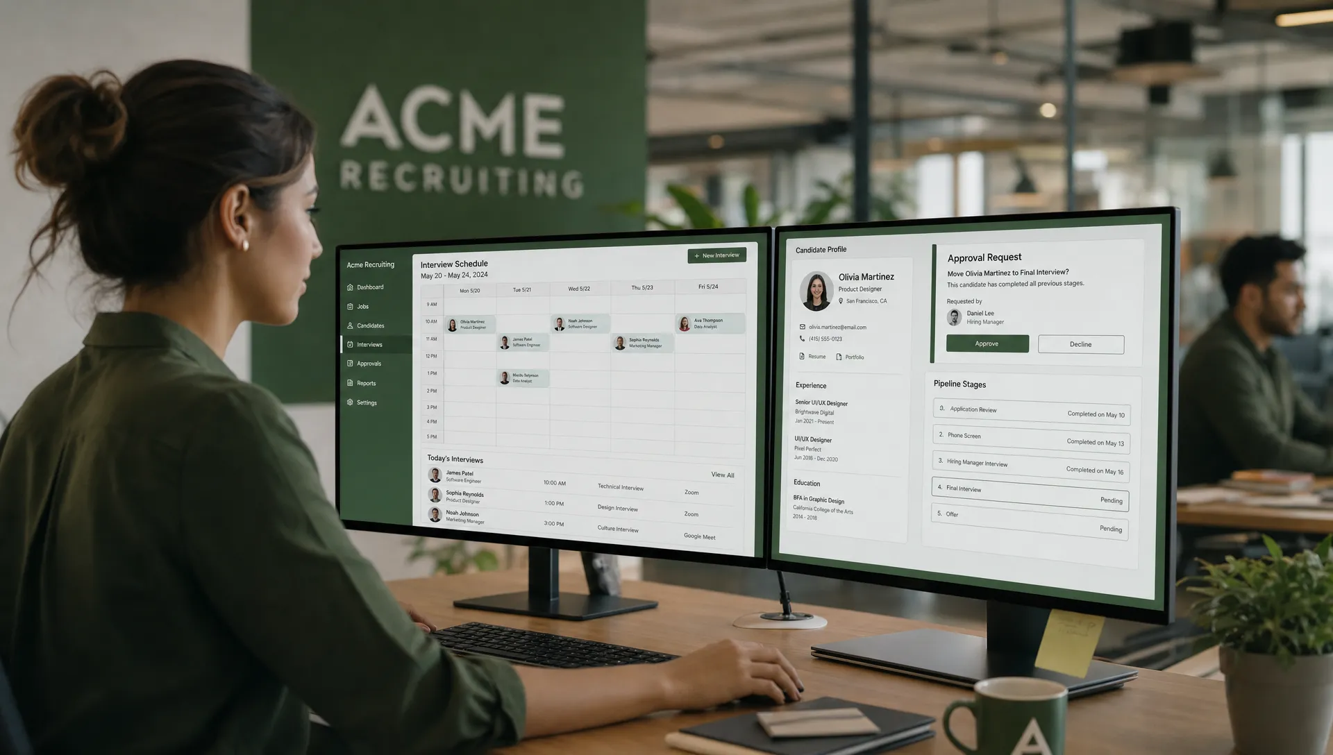 A recruiting operations workspace shows candidate profiles, interview slots, approval prompts, and pipeline stages on screens.