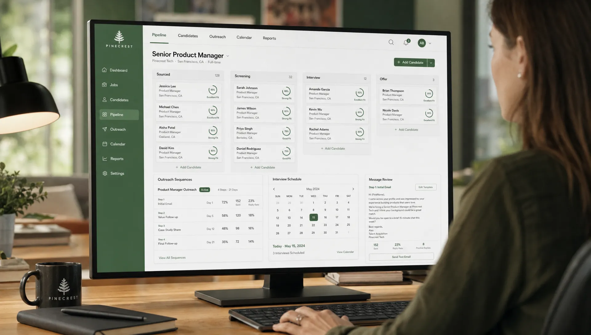 A professional recruiting operations workspace showing a structured candidate pipeline, evidence-based candidate cards, approved outreach steps, and interview scheduling details in a clean interface, with a calendar and message review panel visible.