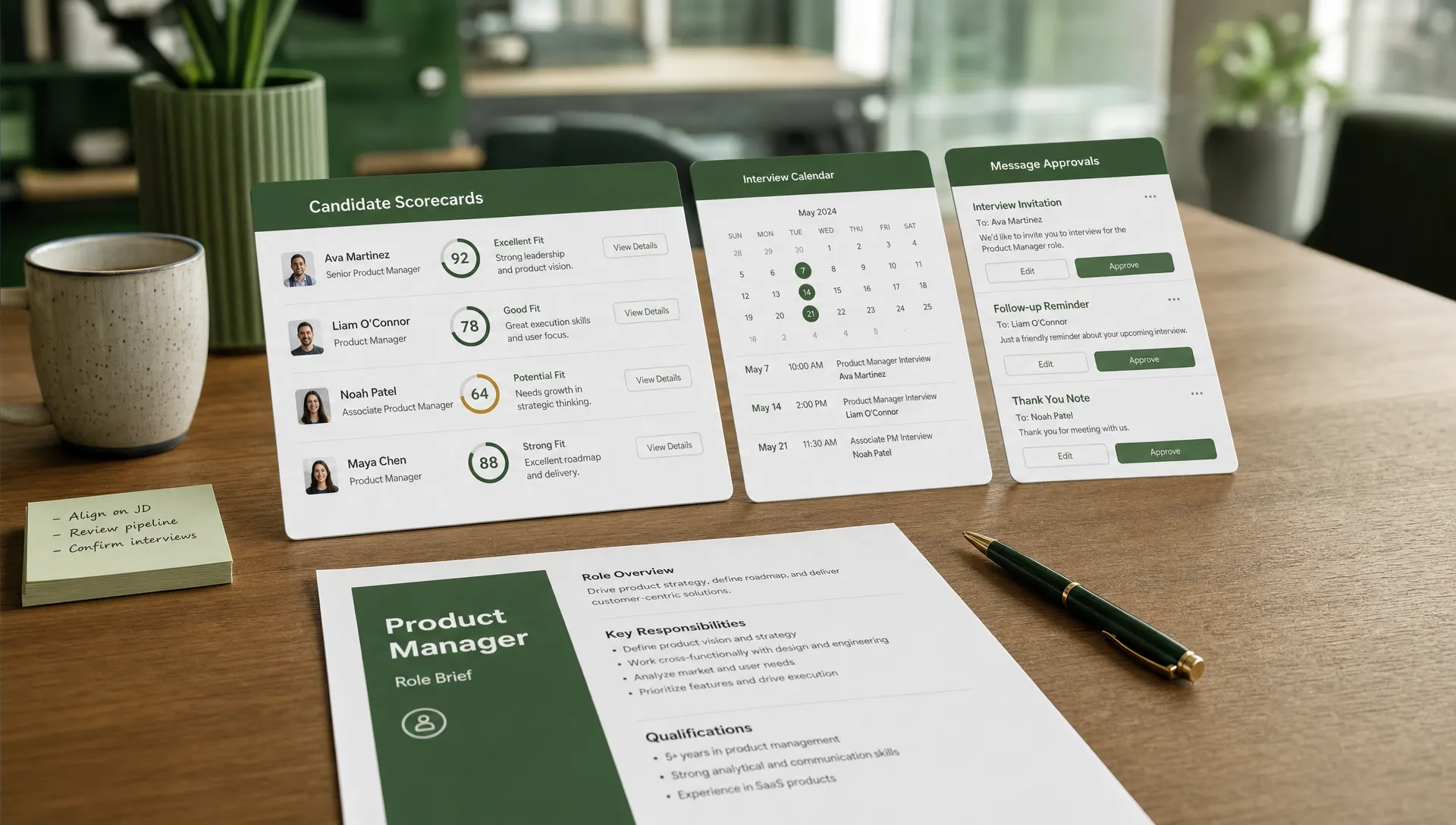 A professional recruitment operations table with structured candidate scorecards, calendar cards, and message approval cards arranged in a clean AI hiring workflow on a desk with a pen, printed brief, and neatly stacked notes in a modern office.