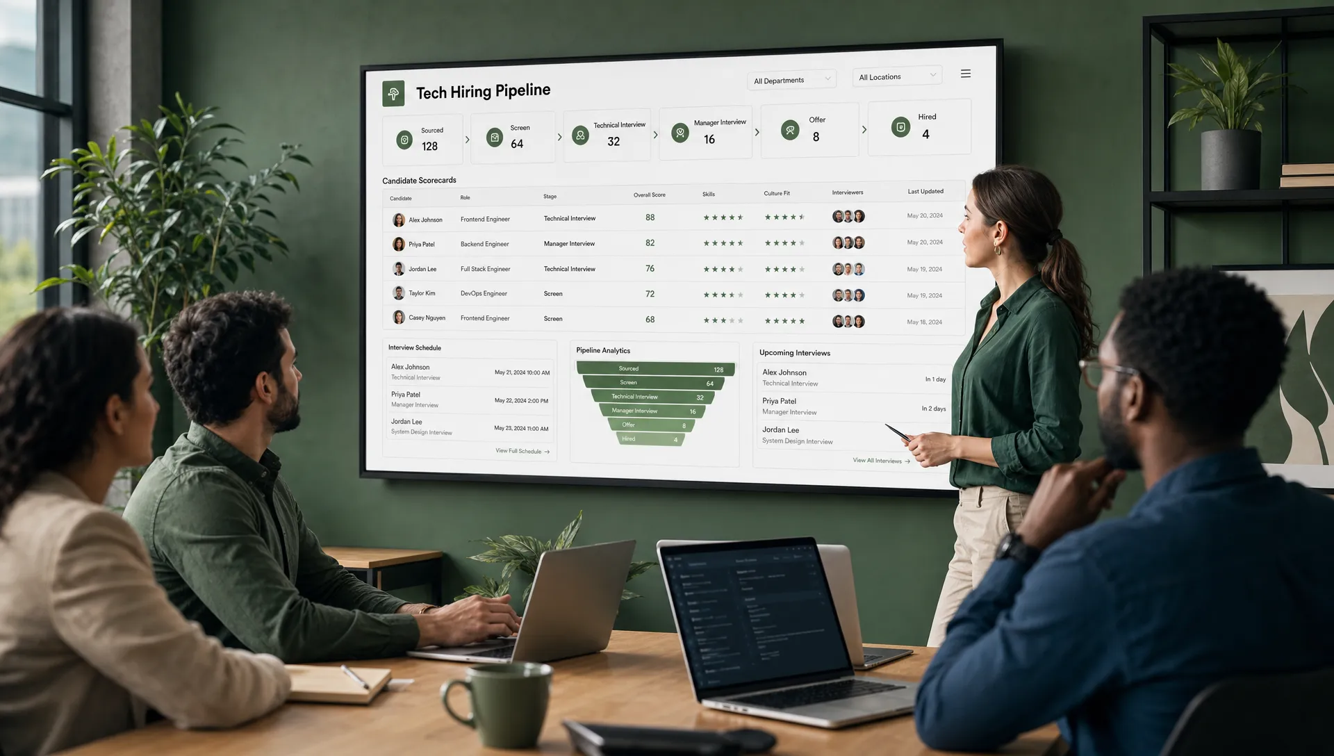 A clean professional recruiting workflow scene showing recruiters and hiring managers reviewing a structured tech hiring pipeline with candidate scorecards, interview stages, and scheduling cards on forward-facing screens with nothing obscuring the displays.
