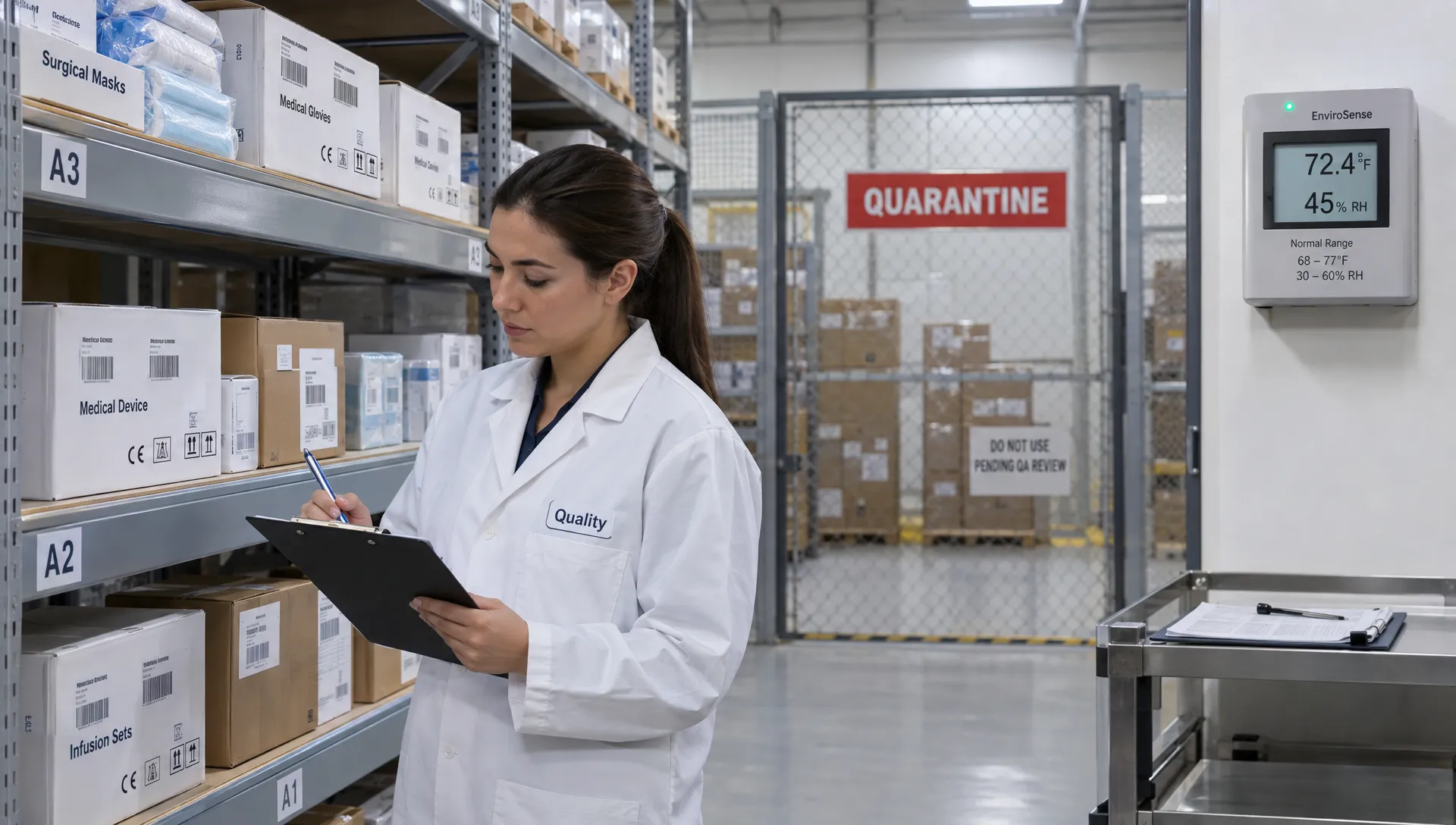 A quality professional checks warehouse records beside labeled medical device racks, a separated quarantine area, and an environmental sensor.