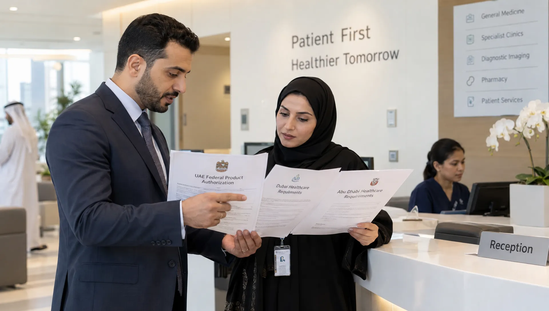 A UAE medical device manufacturer’s representative reviews federal product authorization and separate healthcare requirements for Dubai and Abu Dhabi at a regional clinic reception.