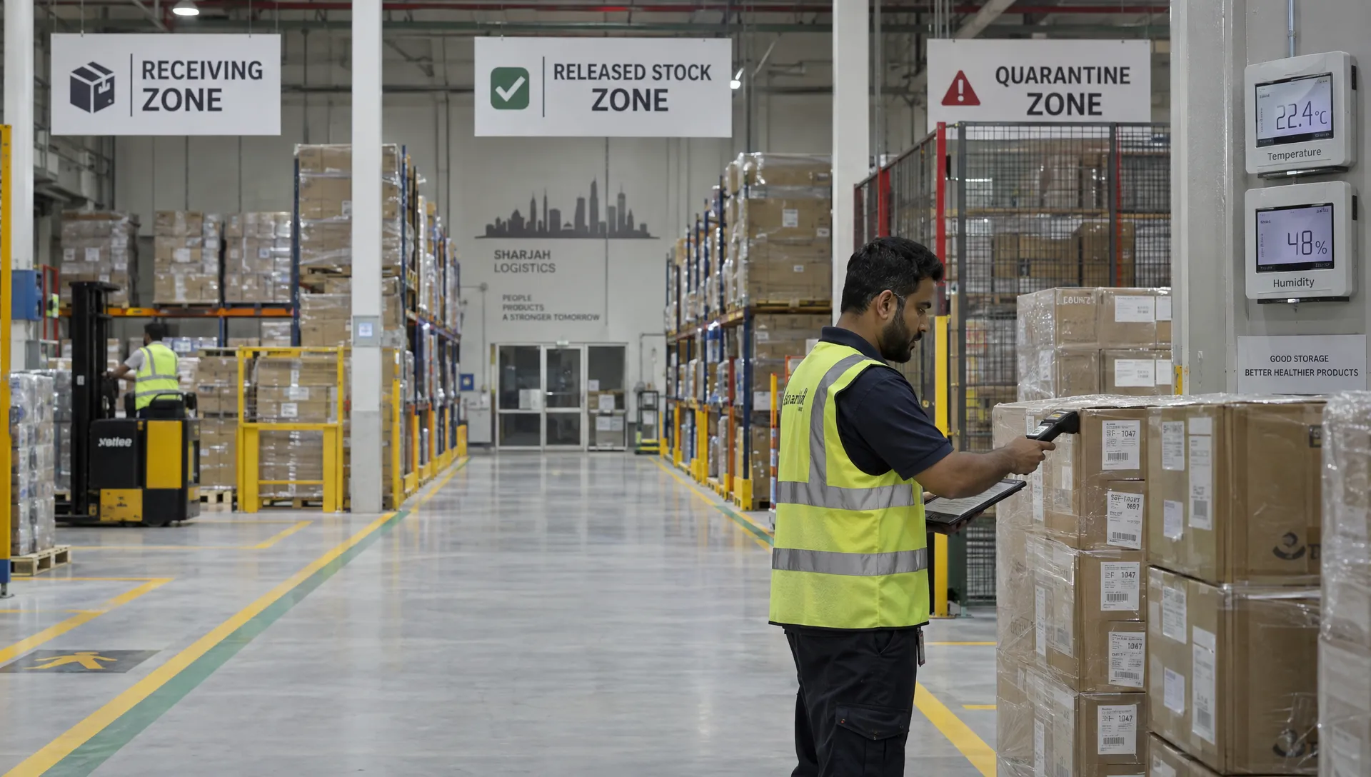 A wide warehouse aisle in Sharjah shows separated receiving, released-stock and quarantine zones as a dispatch employee checks carton identifiers beside environmental monitors.