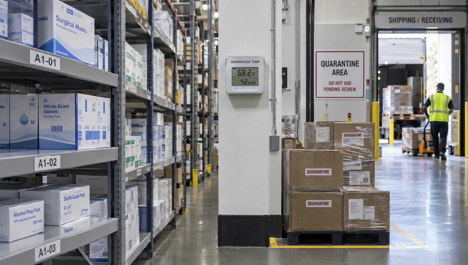 A warehouse aisle shows labeled medical-device racks, a wall-mounted temperature monitor, and separated quarantine cartons away from the loading bay.