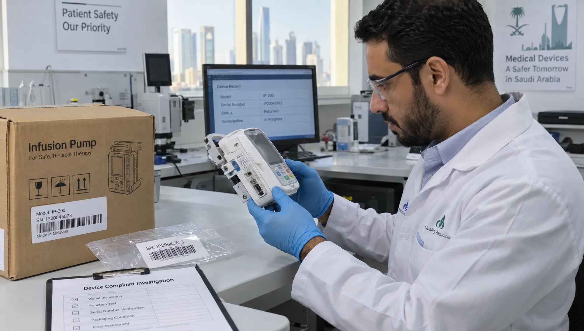 A quality engineer examines a returned infusion pump beside its packaging and serial-number label during a medical device complaint investigation in Saudi Arabia.