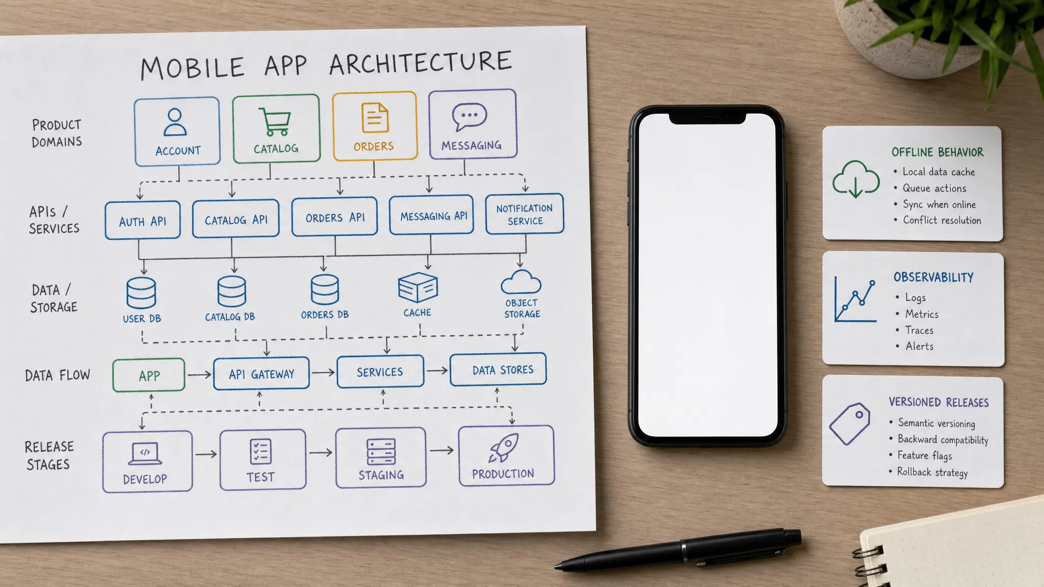 Wide landscape scene of a mobile app architecture concept shown as a clean split-layout workspace: on one side, a layered diagram of product domains, APIs, data flow, and release stages drawn on paper; on the other, a single smartphone facing the camera with a blank app screen, plus a few labeled cards for offline behavior, observability, and versioned releases. The composition feels structured and decision-focused in an indoor setting with no people present.
