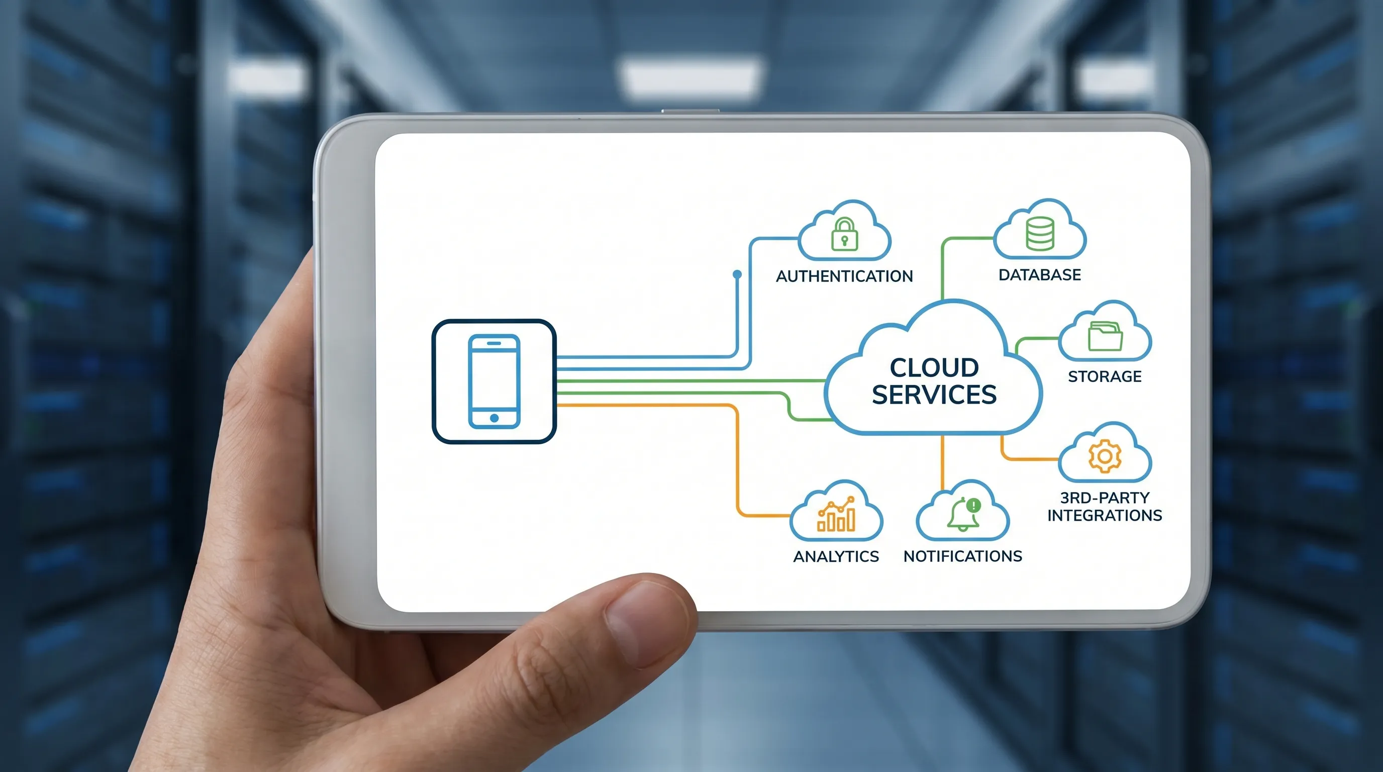 A mobile app connected to cloud services, including authentication, database, storage, analytics, notifications, and third-party integrations.