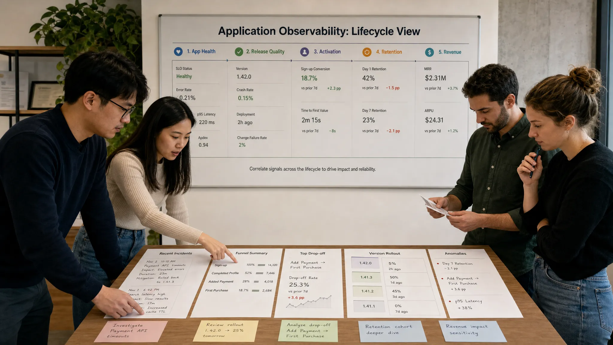 Wide landscape scene of a startup observability review in a modern indoor workspace, with a wall display showing a simple lifecycle view of app health, release quality, activation, retention, and revenue signals, and a small team standing around a table comparing printed incident notes, funnel summaries, and version rollout cards; no device screens are shown, and the mood feels focused, practical, and decision-oriented.