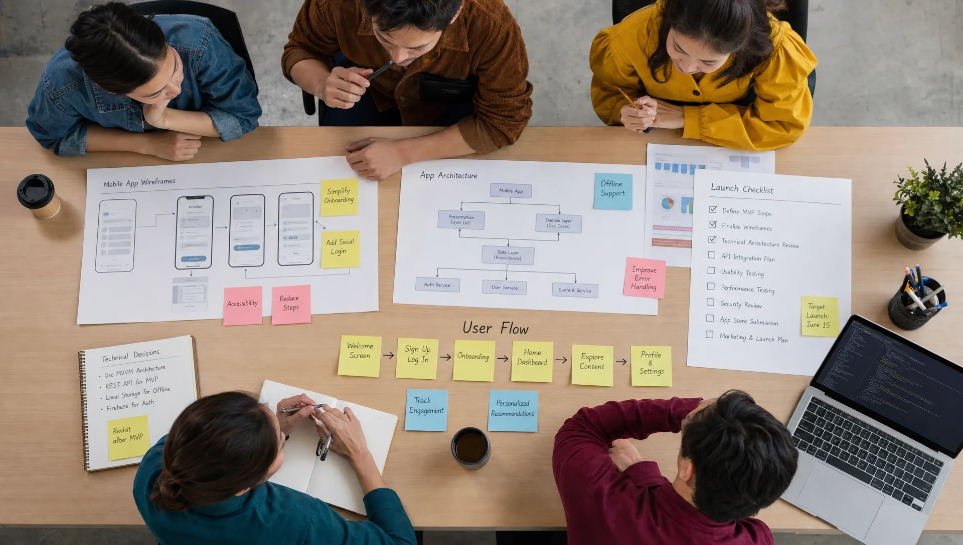 A product team reviews mobile app wireframes, architecture notes, and a launch checklist on a conference table, with sticky notes showing user flows and technical decisions, viewed from above in a bright indoor workspace.