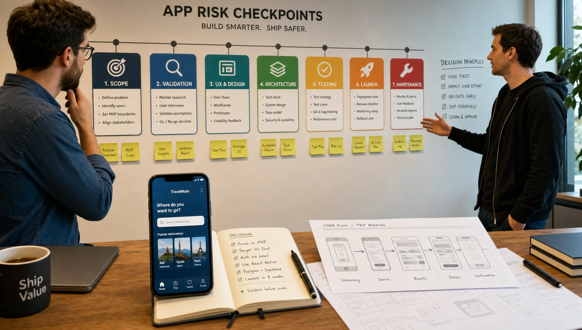 Wide landscape scene in a modern planning room showing a startup founder and a technical lead standing beside a large wall of app risk checkpoints, with cards for scope, validation, UX, architecture, testing, launch, and maintenance connected by lines; in the foreground, a desk holds a prototype phone facing the camera, a notebook of decision notes, and printed user flow sketches, creating a calm, decision-focused indoor atmosphere.