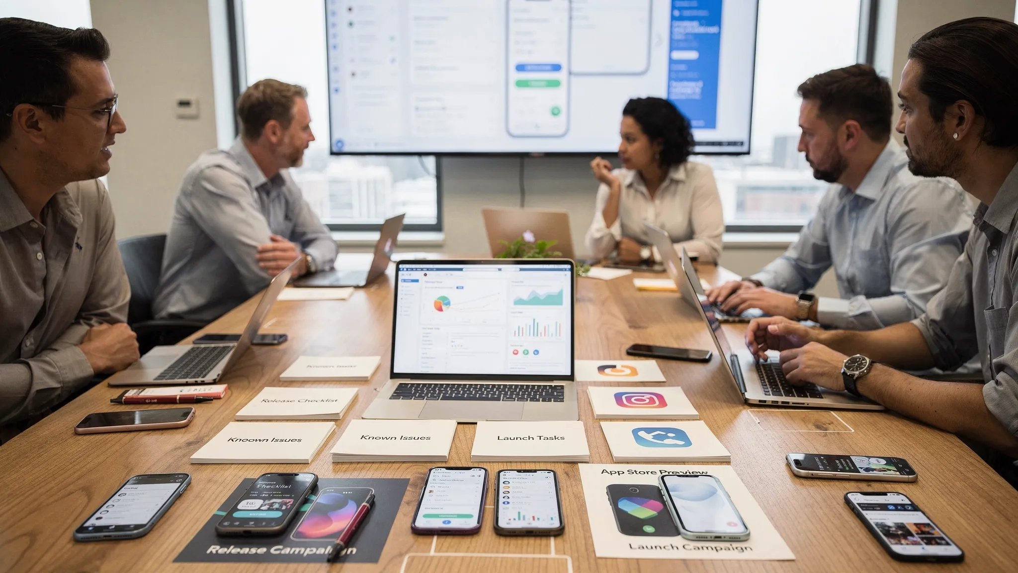A mobile app launch command center with a team reviewing release readiness cards, QA devices, analytics dashboards, and store launch assets arranged on a table.