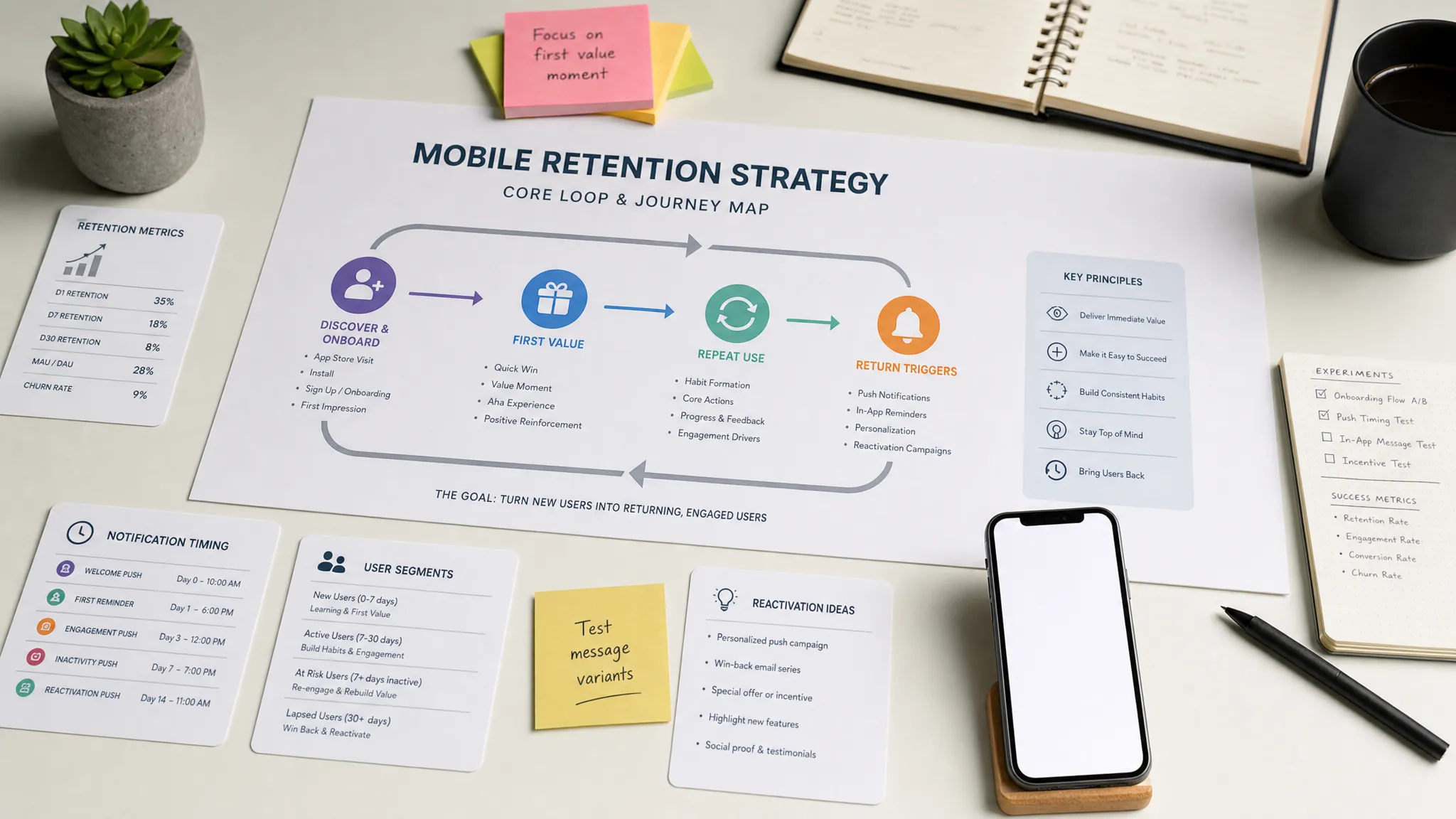 Wide landscape scene of a mobile retention strategy workspace with a large journey map spread across a clean table, showing a core loop from first value to repeat use and return triggers, surrounded by a few printed metric cards, notification timing notes, and a smartphone facing the camera with a blank app screen. The composition feels organized and product-focused in an indoor planning setting with no people present.