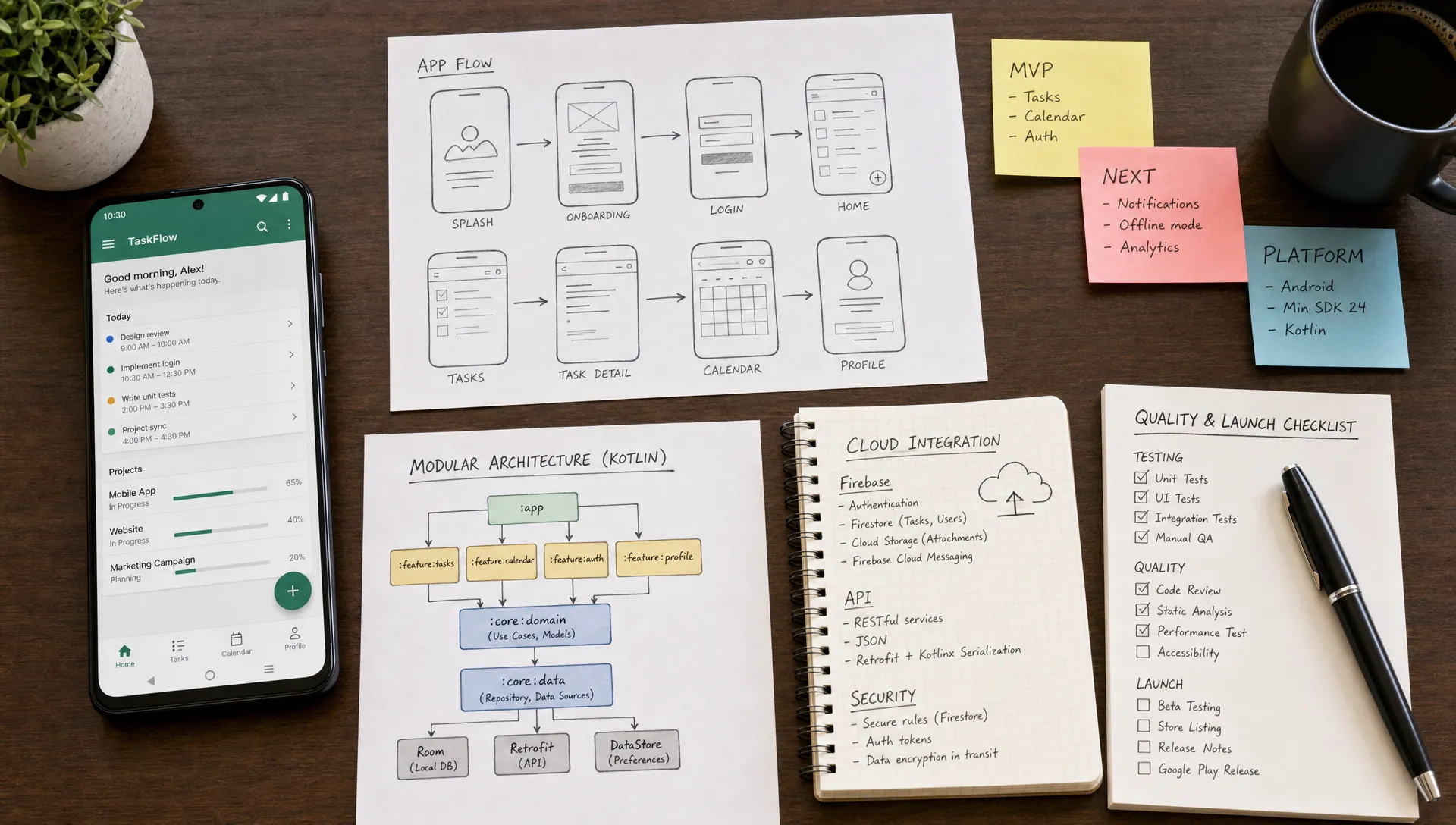 A mobile product planning workspace with an Android phone, app flow sketches, modular Kotlin architecture cards, cloud integration notes, and a quality checklist for testing and launch.
