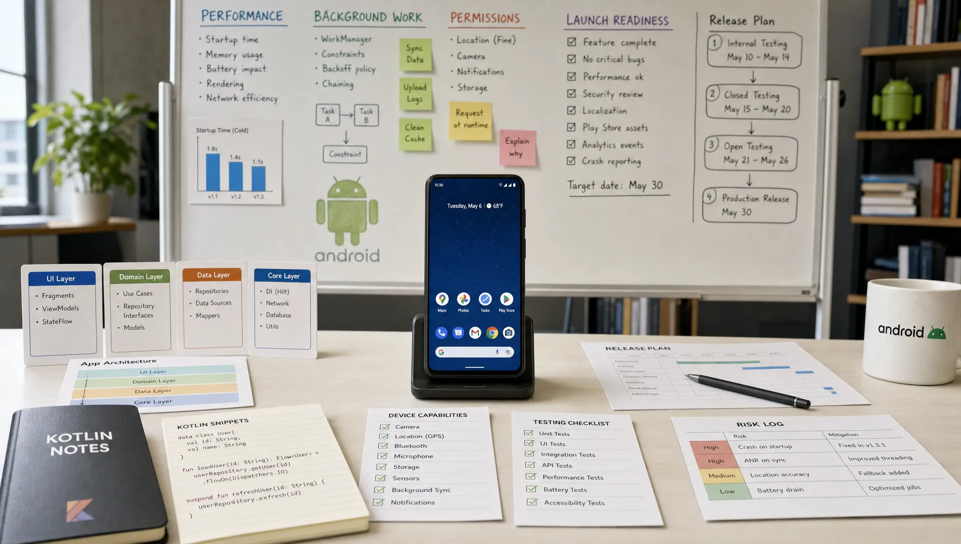 Wide landscape scene in a bright Android development studio showing a single Android phone on a stand facing the camera, surrounded by modular architecture cards, Kotlin code notes, device capability checklists, testing markers, and release planning papers arranged across a clean table; a wall board in the background maps performance, background work, permissions, and launch readiness, creating a calm, technical, product-strategy atmosphere indoors.