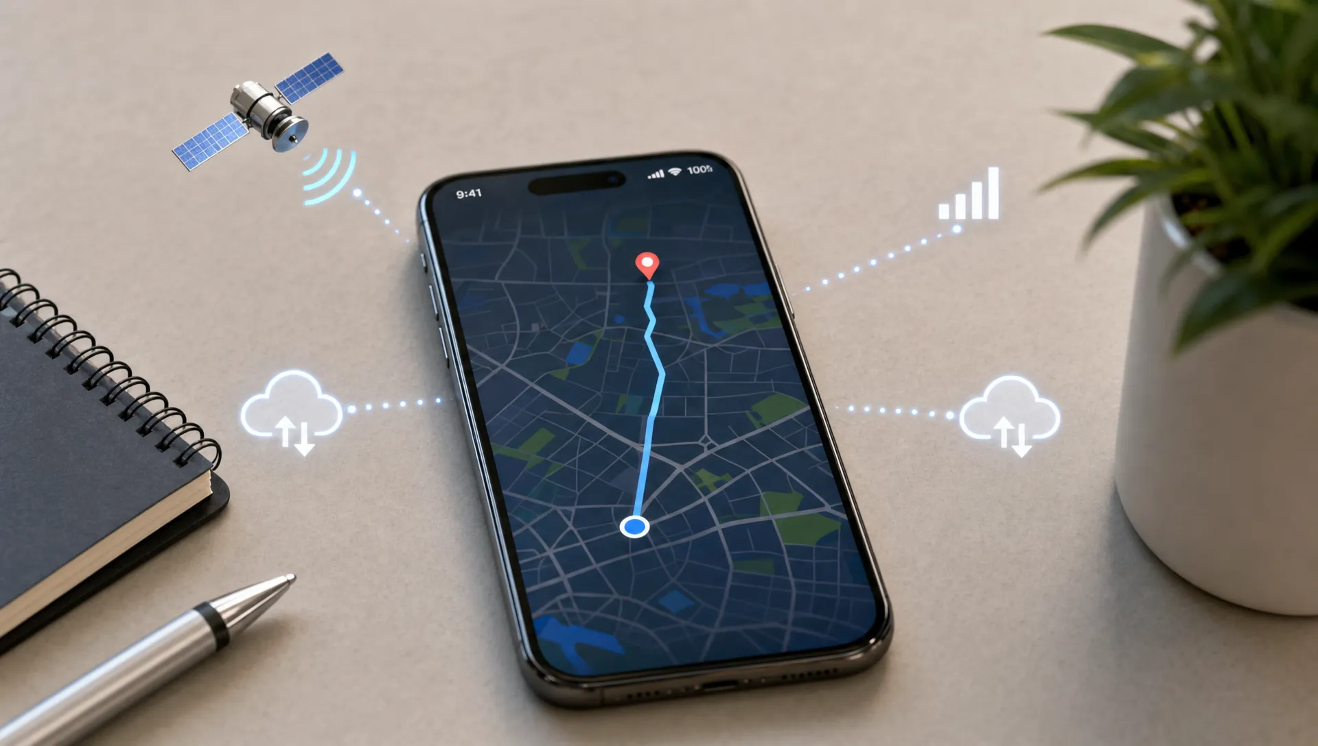 A smartphone lying flat on a desk with its screen facing upward showing a simple map route, a battery icon, a GPS satellite icon, cellular signal marks, and small cloud server symbols around it to represent efficient location tracking and sync.