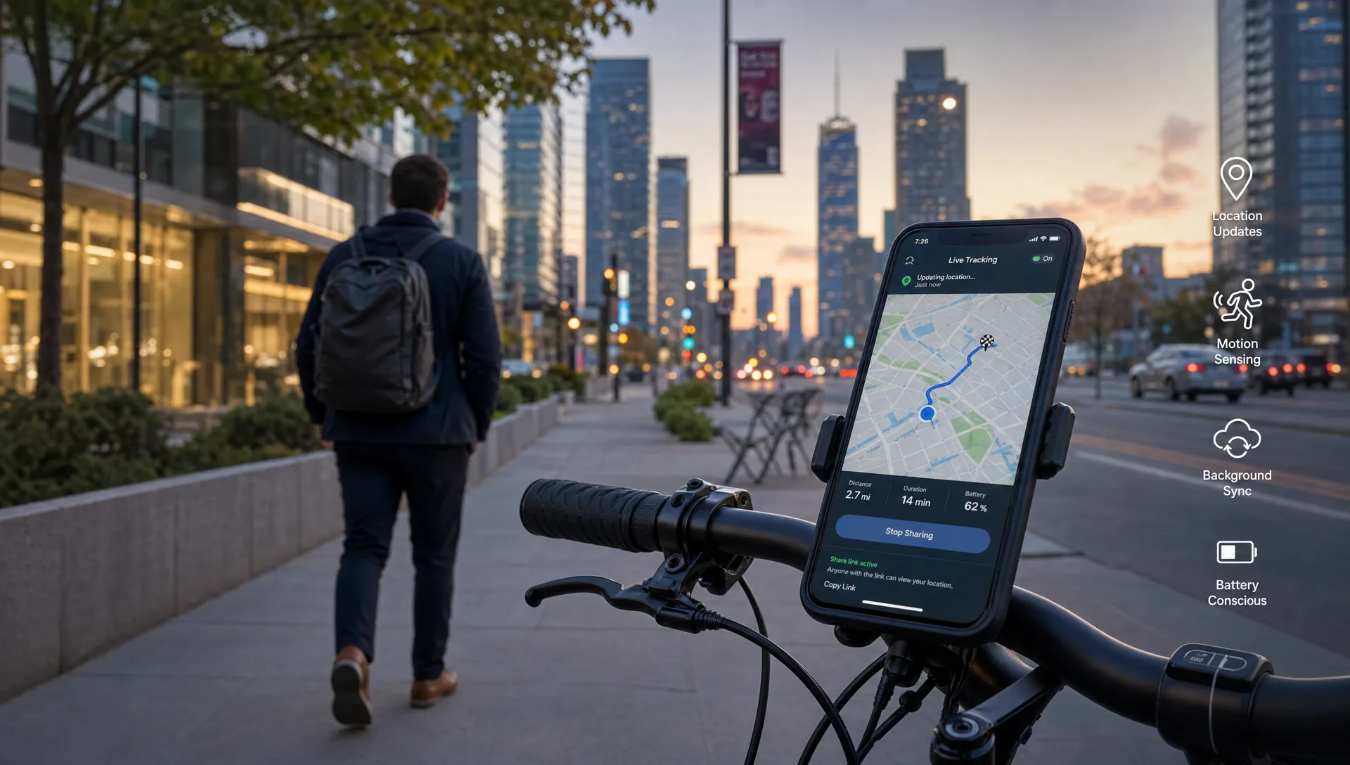 Wide landscape scene in an outdoor urban setting at dusk showing a commuter walking past tall buildings while a phone mounted on a bike handlebar displays a route map facing the camera, with subtle icons for location updates, motion sensing, and background sync represented nearby; the composition emphasizes real-world movement, navigation context, and battery-conscious tracking in a city environment.