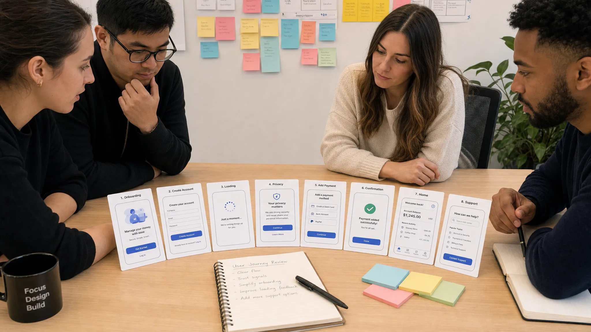 A product team reviews printed mobile app flow cards on a table, showing onboarding, loading, privacy, payment confirmation, and support states arranged as a complete user journey, with the cards spread in a neat arc under a wall of notes.