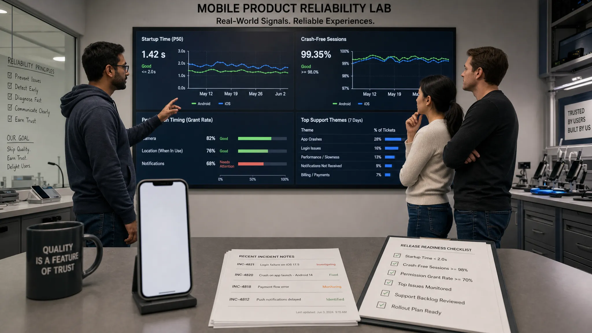 Wide landscape scene in a mobile product reliability lab showing a founder, QA engineer, and designer reviewing real-world app quality signals on a large wall board with graphs for startup time, crash-free sessions, permission timing, and support themes; in the foreground, a phone facing the camera shows a blank app screen beside a small stack of printed incident notes and a checklist, creating a careful, trust-focused atmosphere in a technical indoor setting.