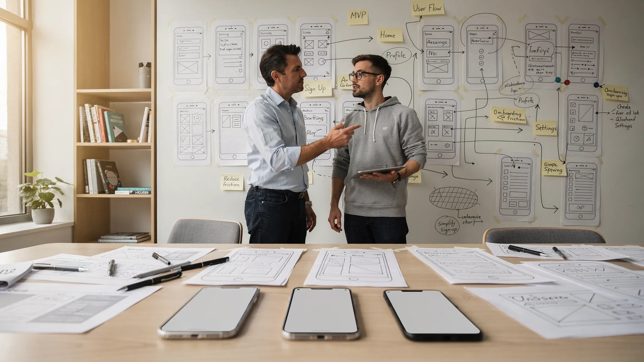 Landscape scene of a founder and app designer standing beside a wall of large user flow sketches and wireframes in a planning studio, with printed notes, route arrows, and a few prototype phone mockups arranged on a table in the foreground; the phones face the camera with blank placeholder screens, and the overall composition emphasizes turning a startup idea into a clear mobile product plan.