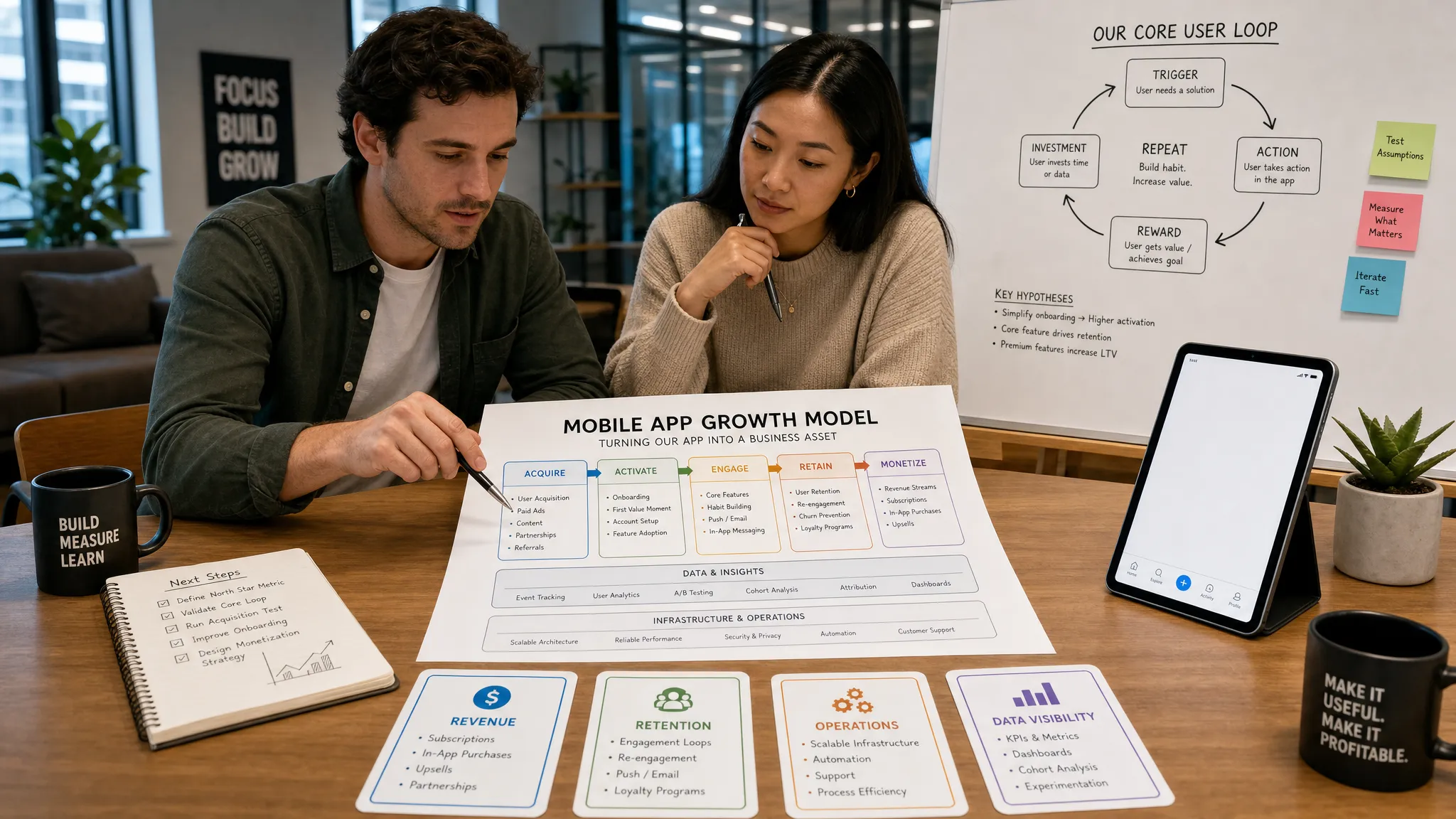 Wide landscape scene of a startup growth planning session in a modern indoor workspace, with a founder-style person and a product strategist reviewing a large printed growth model sheet at a table, alongside a tablet facing the camera with a blank app screen, a whiteboard showing a single core user loop, and a few cards for revenue, retention, operations, and data visibility spread nearby; the composition feels collaborative, strategic, and focused on turning a mobile app into a business asset.