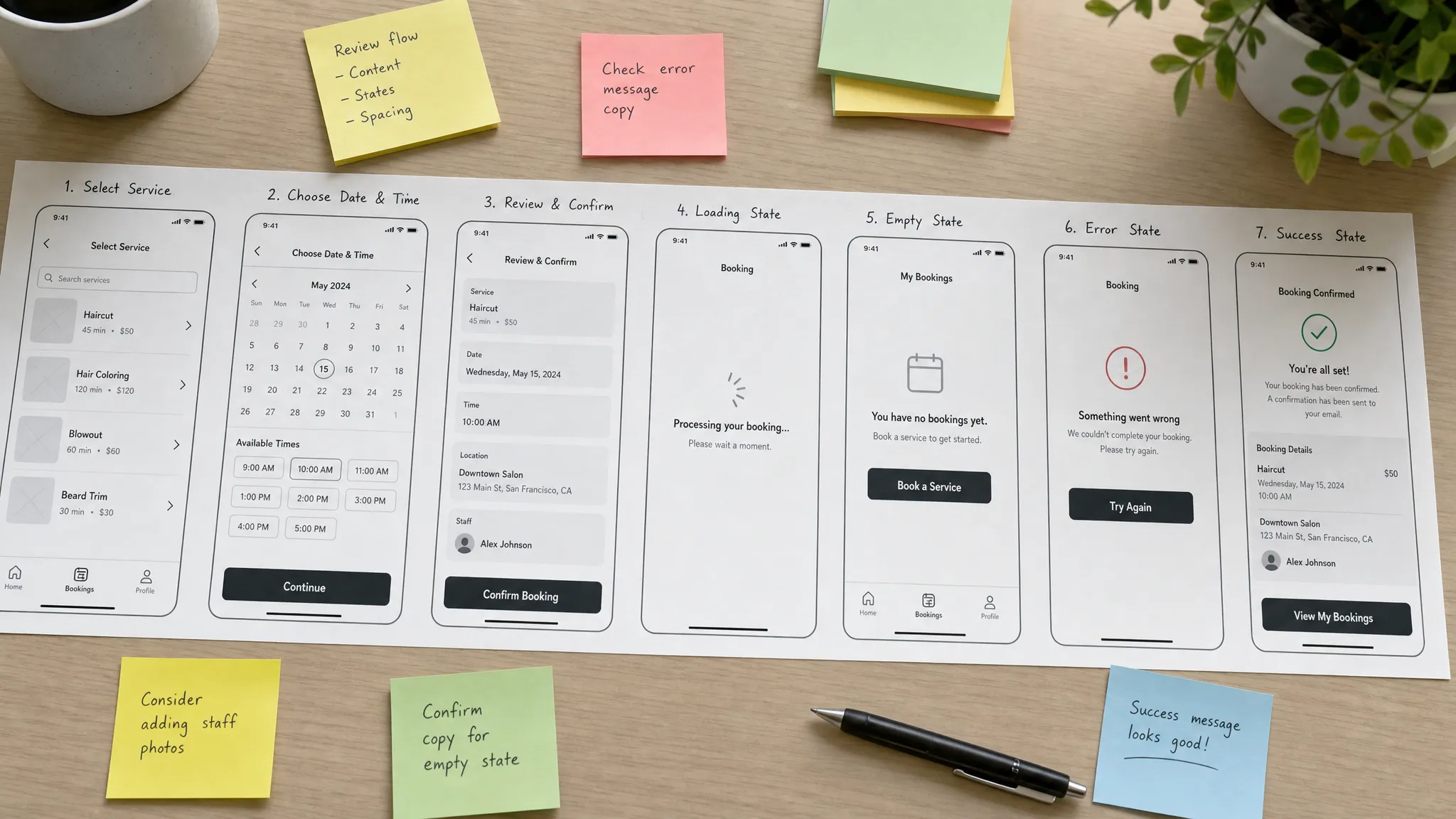 A set of mobile app wireframes arranged across a table beside sticky notes and a pen, showing a booking flow with loading, empty, error, and success states marked for review.