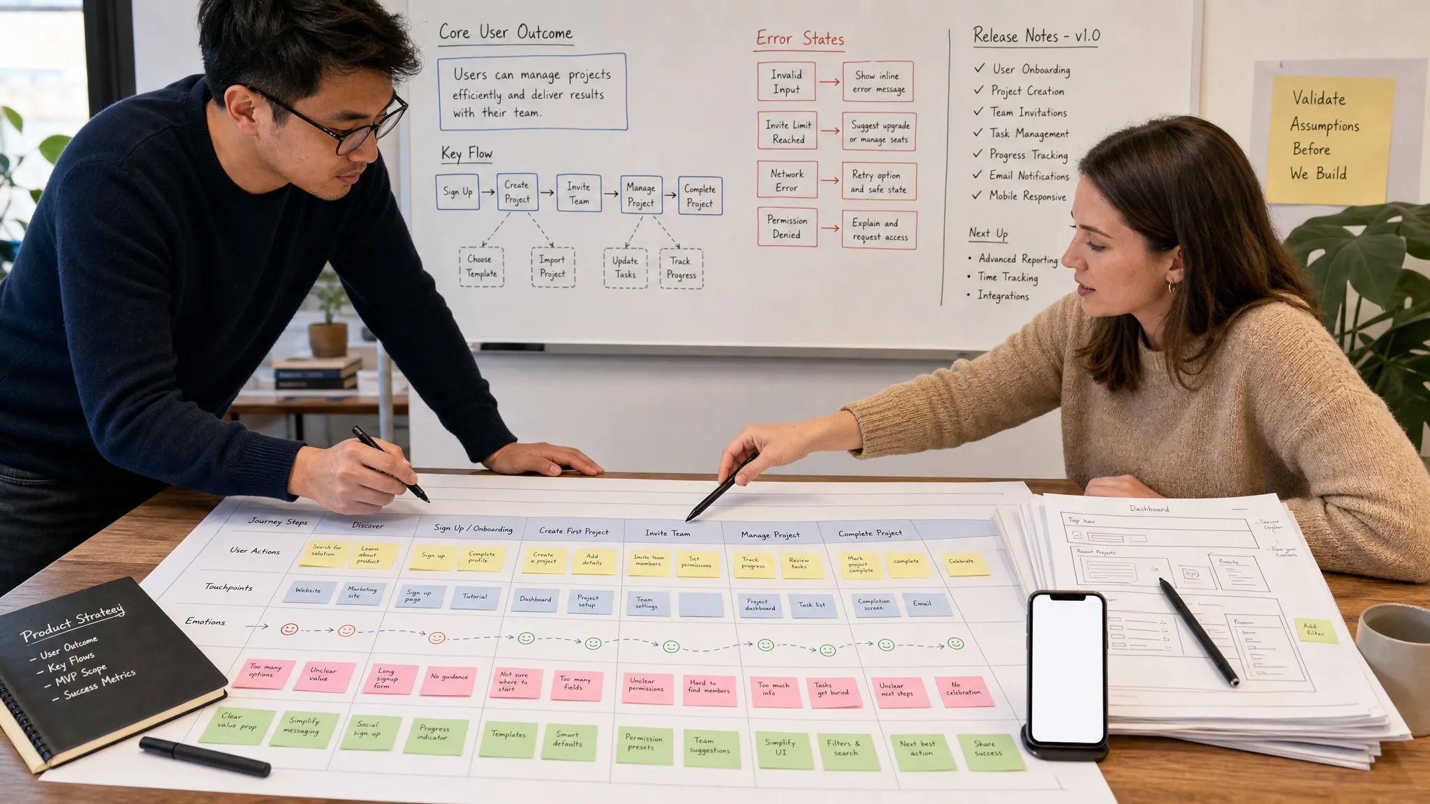 Wide landscape scene of a mobile product planning session in a bright indoor workspace, with a founder and designer reviewing a large journey map spread across a table, a wall board showing the core user outcome, key flow branches, error states, and release notes, and a phone facing the camera with a blank app screen beside a stack of annotated wireframe pages; the composition feels strategic, collaborative, and focused on preventing rework before development begins.