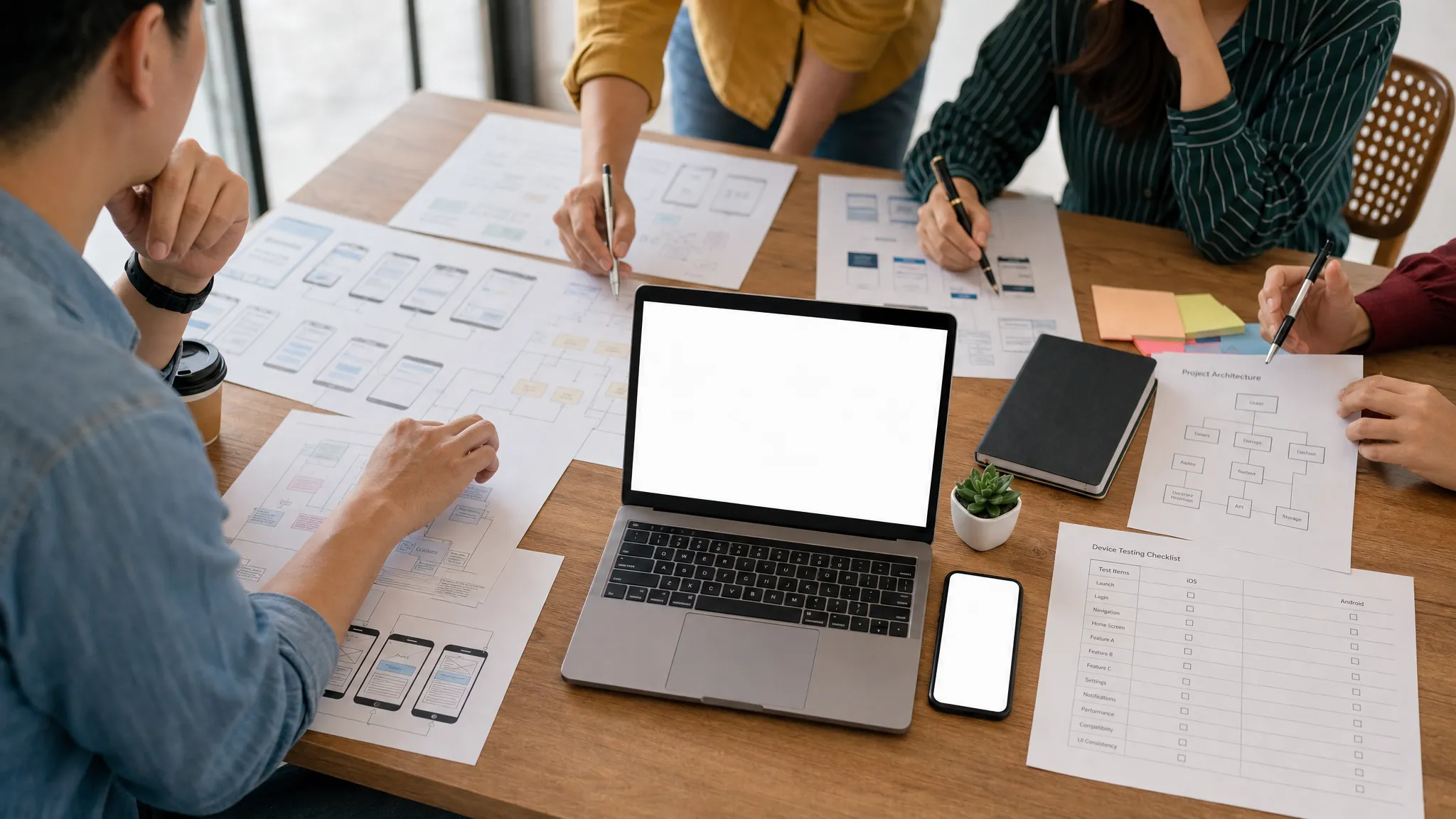 A product team reviews printed mobile app flow diagrams, architecture notes, and device testing checklists on a collaborative workspace table with a laptop facing the camera showing a blank screen and a phone facing the camera showing a blank app screen.