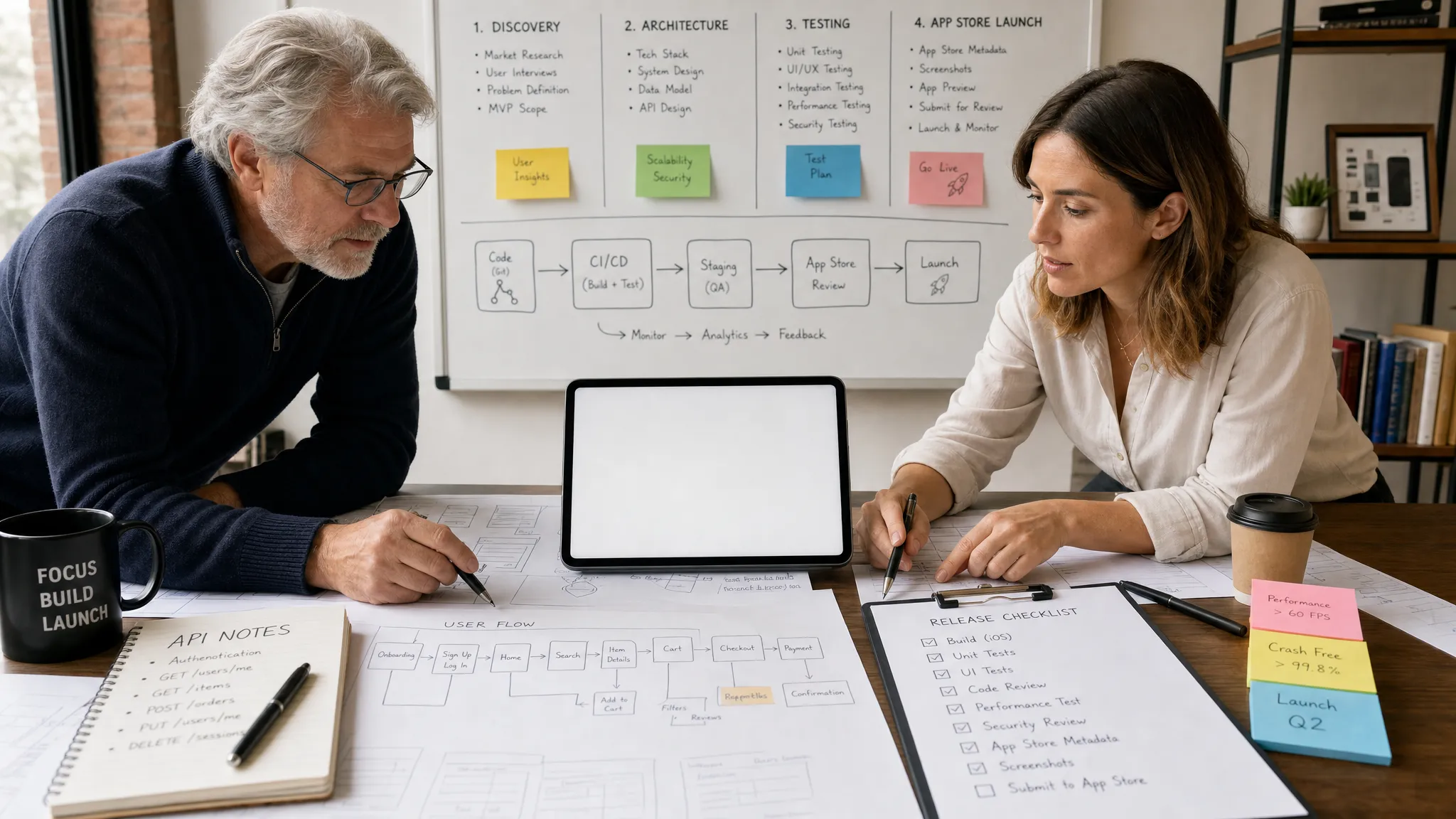 Wide landscape scene of a senior engineer and product lead in a bright indoor studio, leaning over a large table covered with a tablet facing the camera showing a blank app screen, printed user flow sketches, API notes, and a release checklist, while a wall board in the background maps discovery, architecture, testing, and App Store launch steps; the composition feels hands-on, technical, and launch-focused.