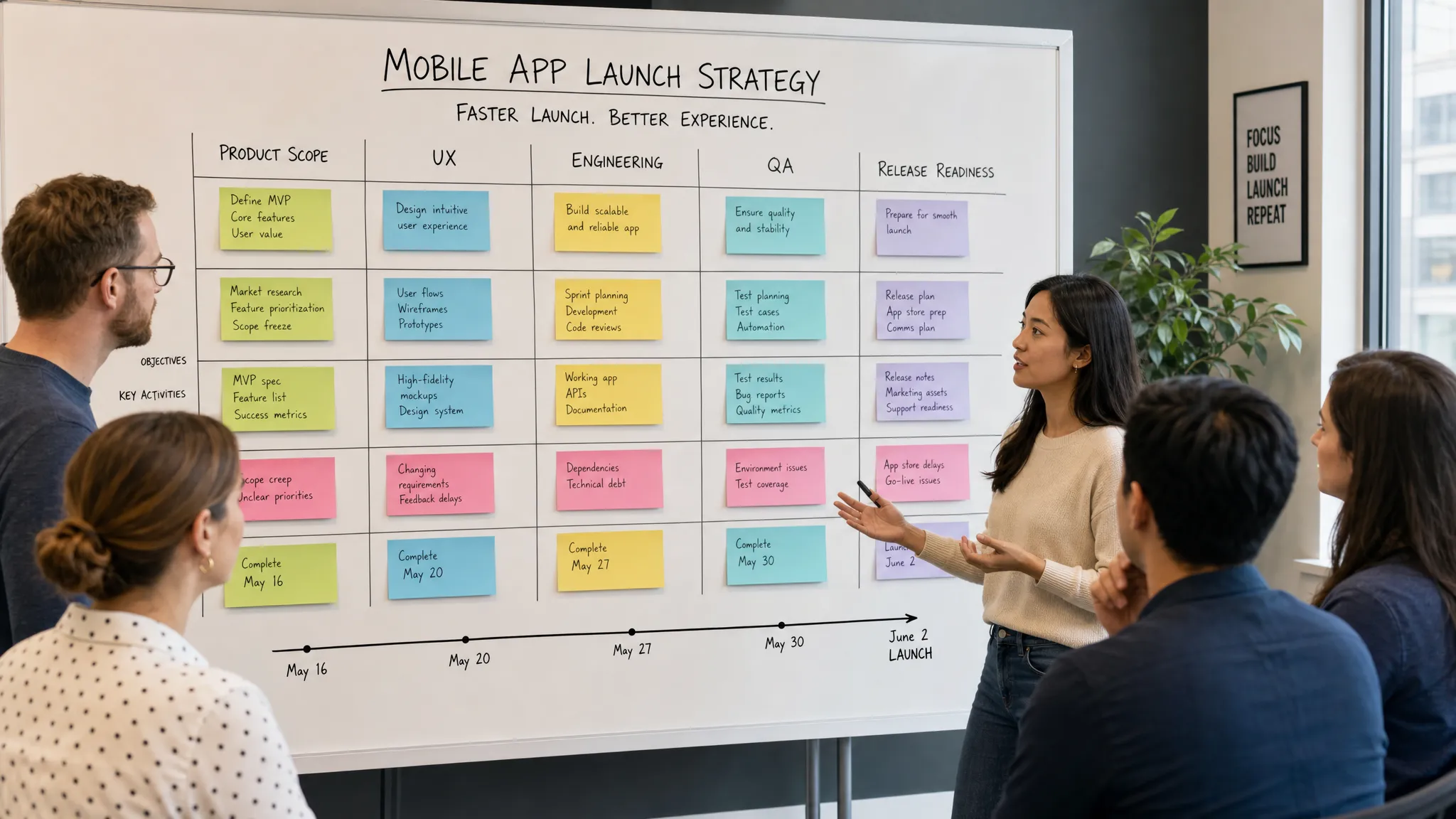 A mobile app product team reviews a launch strategy board with columns for product scope, UX, engineering, QA, and release readiness, showing how multiple workstreams align around a faster app launch.