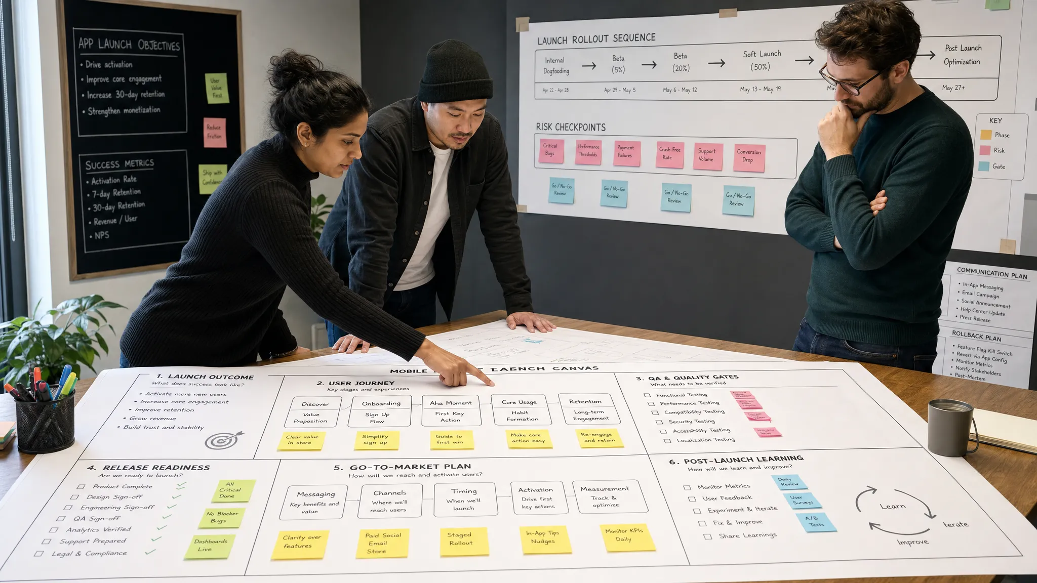 Wide landscape scene in a launch planning studio showing a large printed mobile app strategy canvas spread across a long table, with sections for launch outcome, user journey, QA gates, release readiness, and post-launch learning connected by notes; three adult product and engineering specialists stand around the table reviewing tradeoffs, while a separate wall board in the background maps the rollout sequence and risk checkpoints, creating a focused, execution-oriented atmosphere.